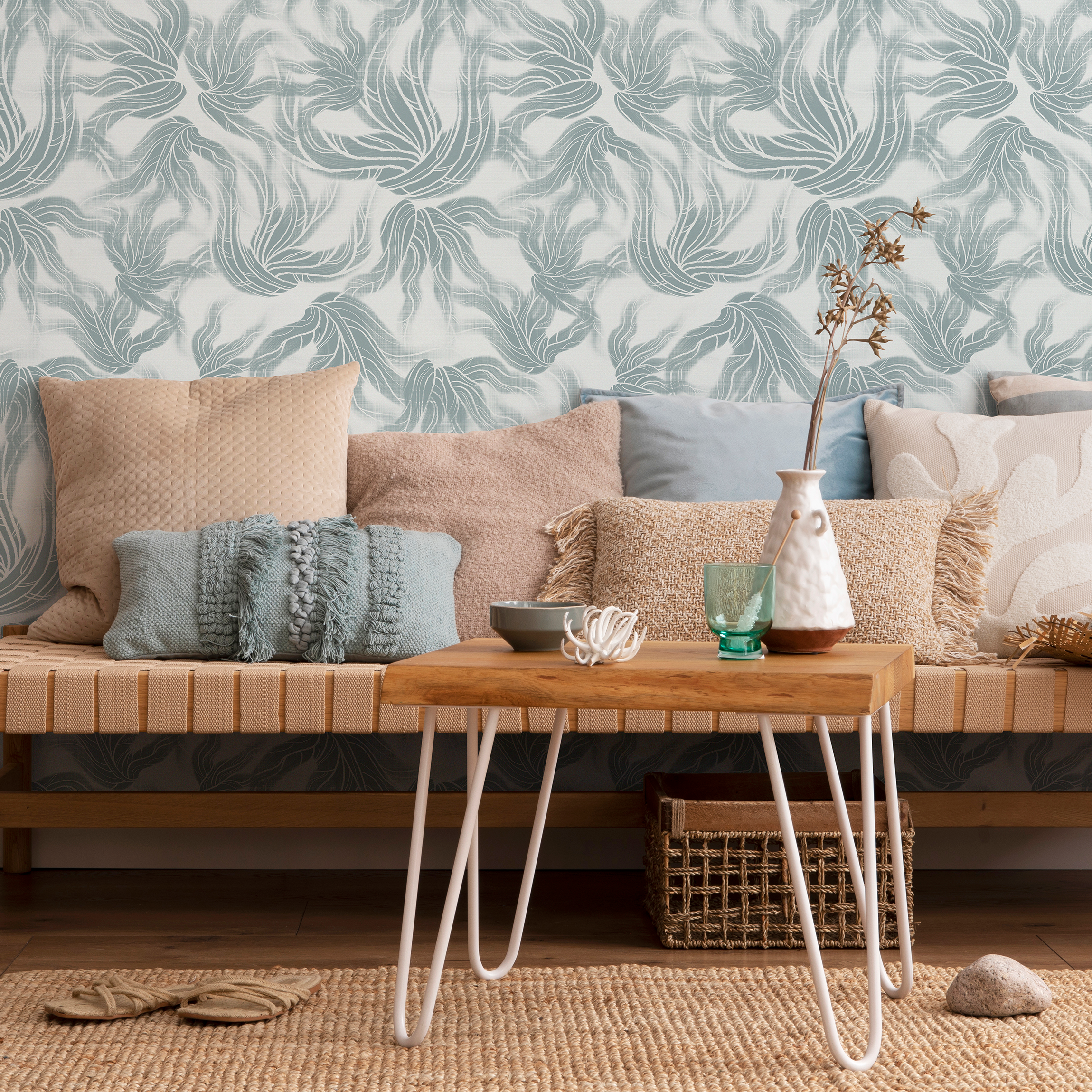 Abstract Wallpaper With Flowing Organic Shapes In Light Blue And White - C649