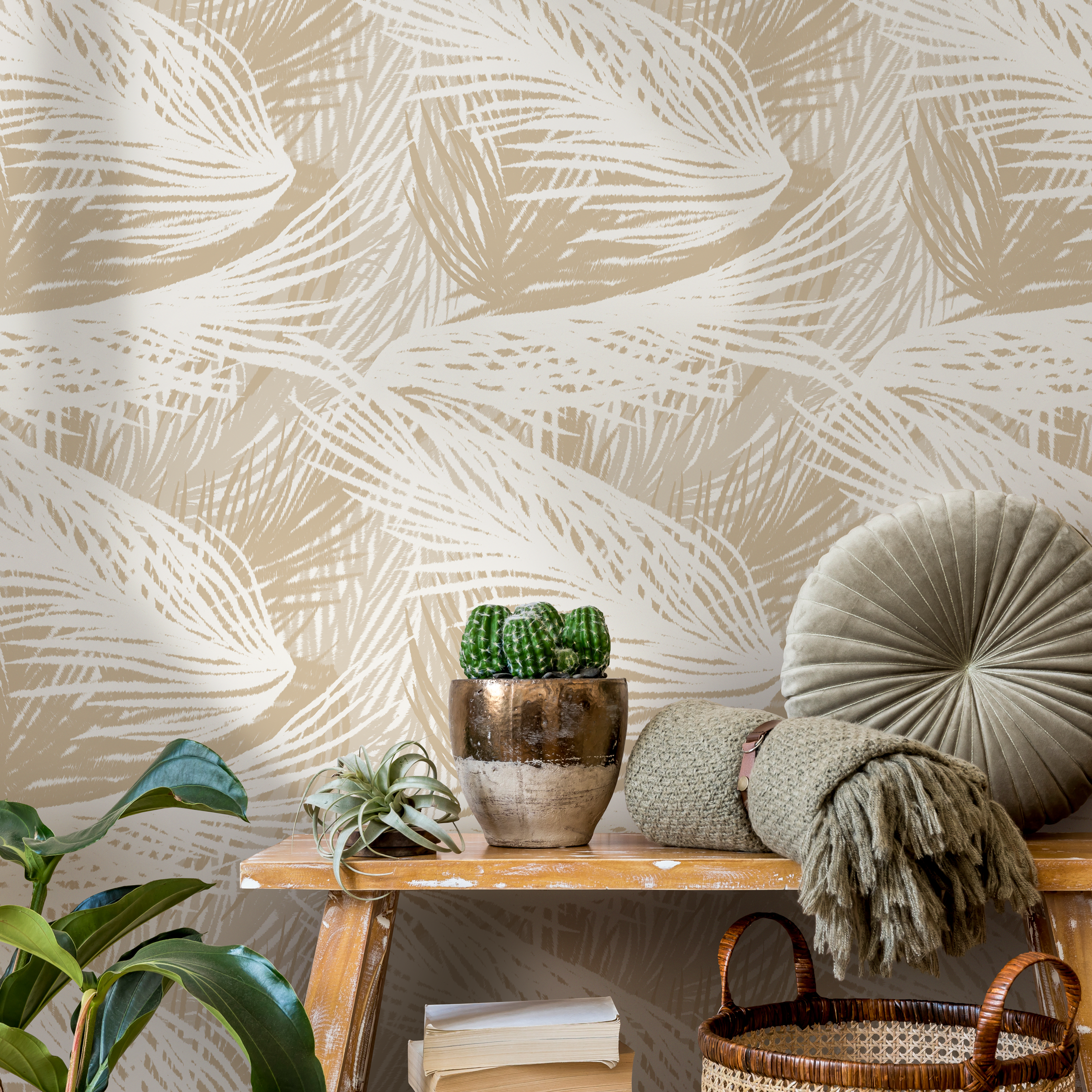 Tropical Wallpaper With A Boho Palm Leaf Motif In Beige And Cream - C653