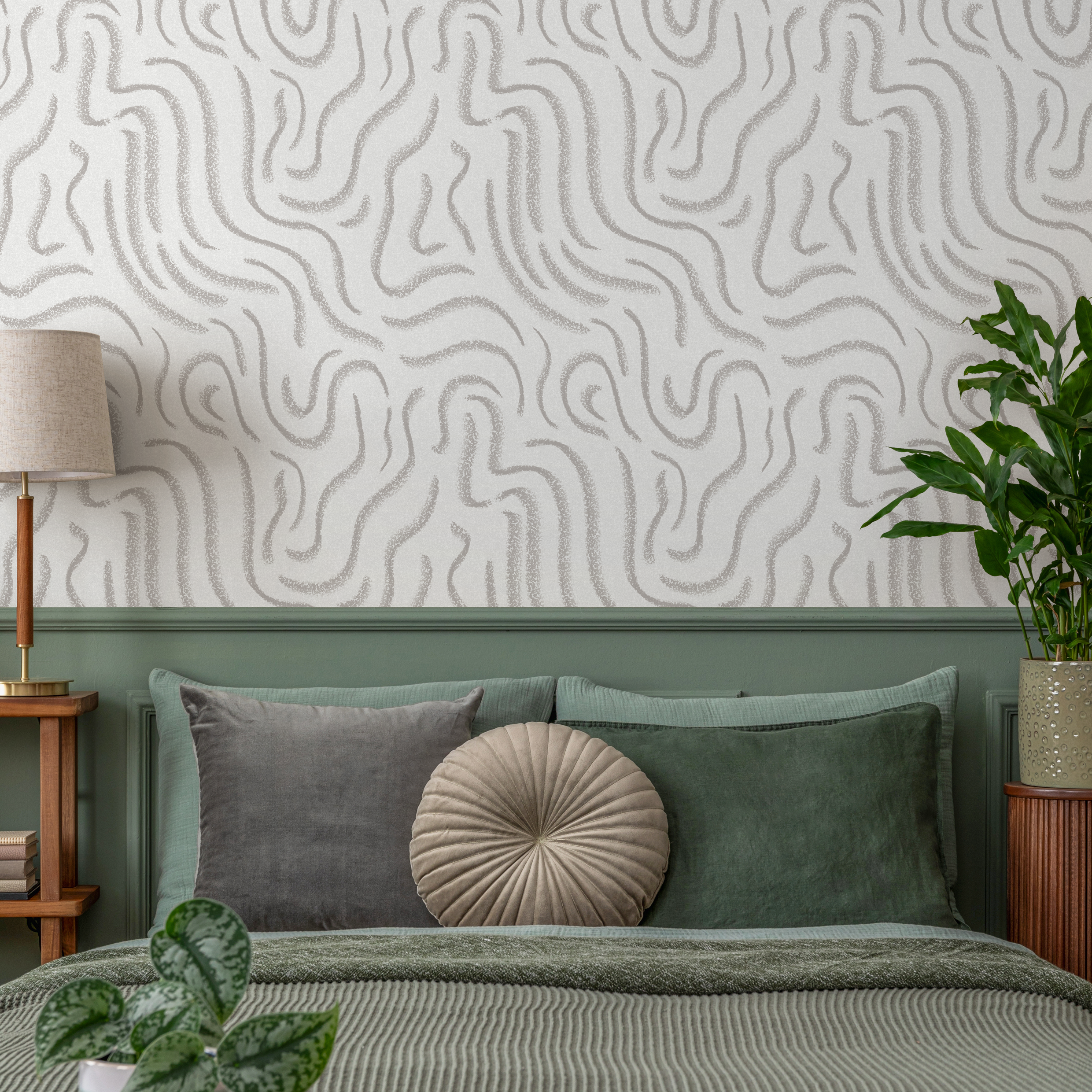 Abstract Wallpaper With Wavy Textured Lines In Gray And Taupe - C657