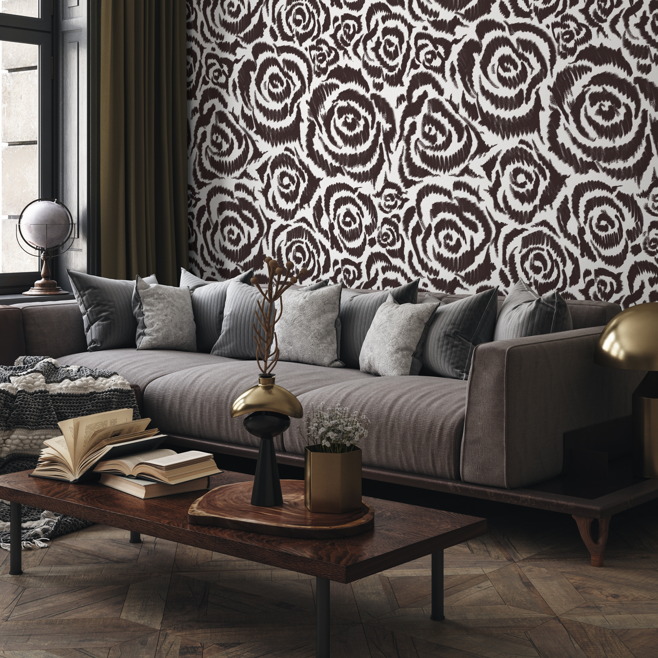 Floral Wallpaper With An Abstract Rose Motif In Brown And White - C660