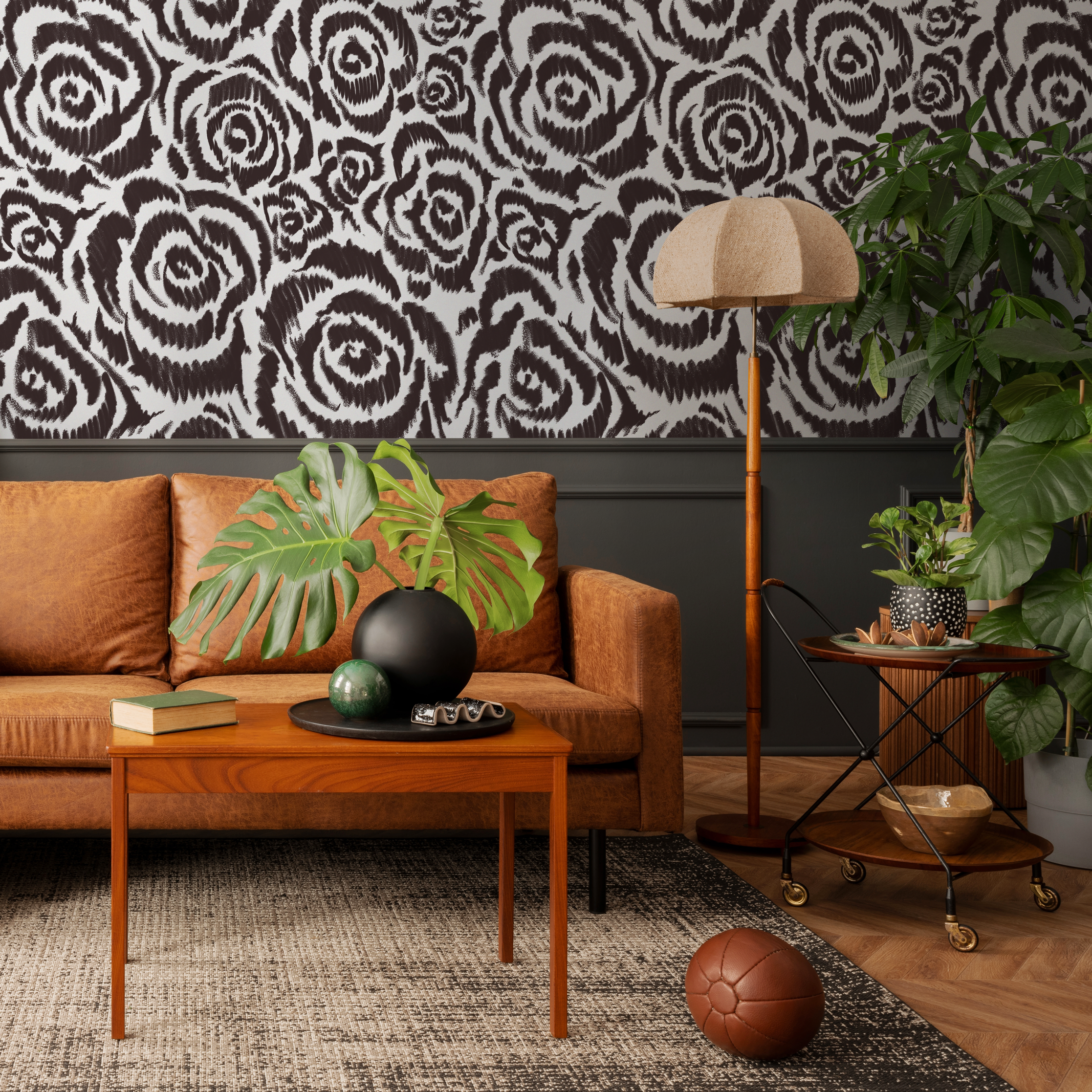 Floral Wallpaper With An Abstract Rose Motif In Brown And White - C660