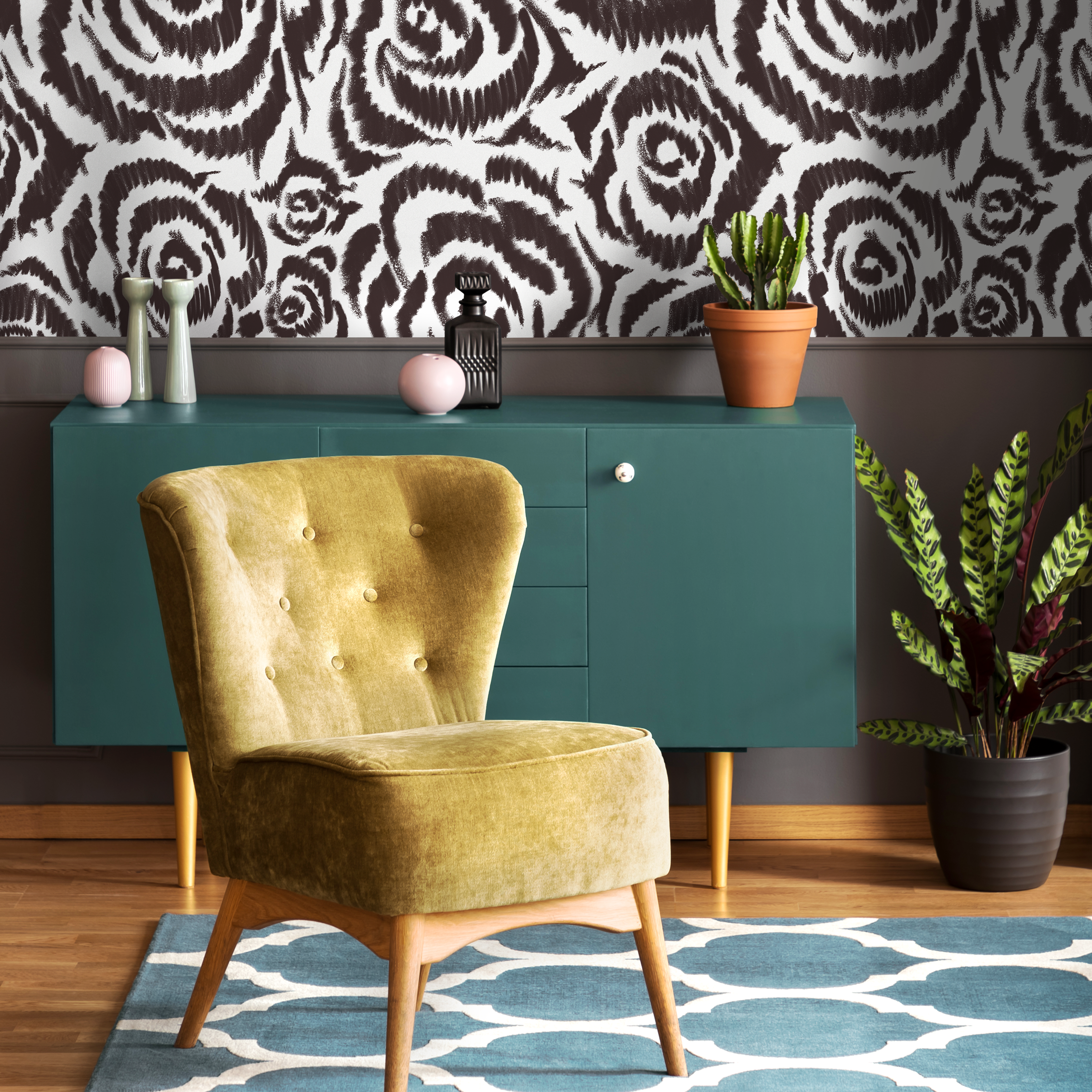Floral Wallpaper With An Abstract Rose Motif In Brown And White - C660