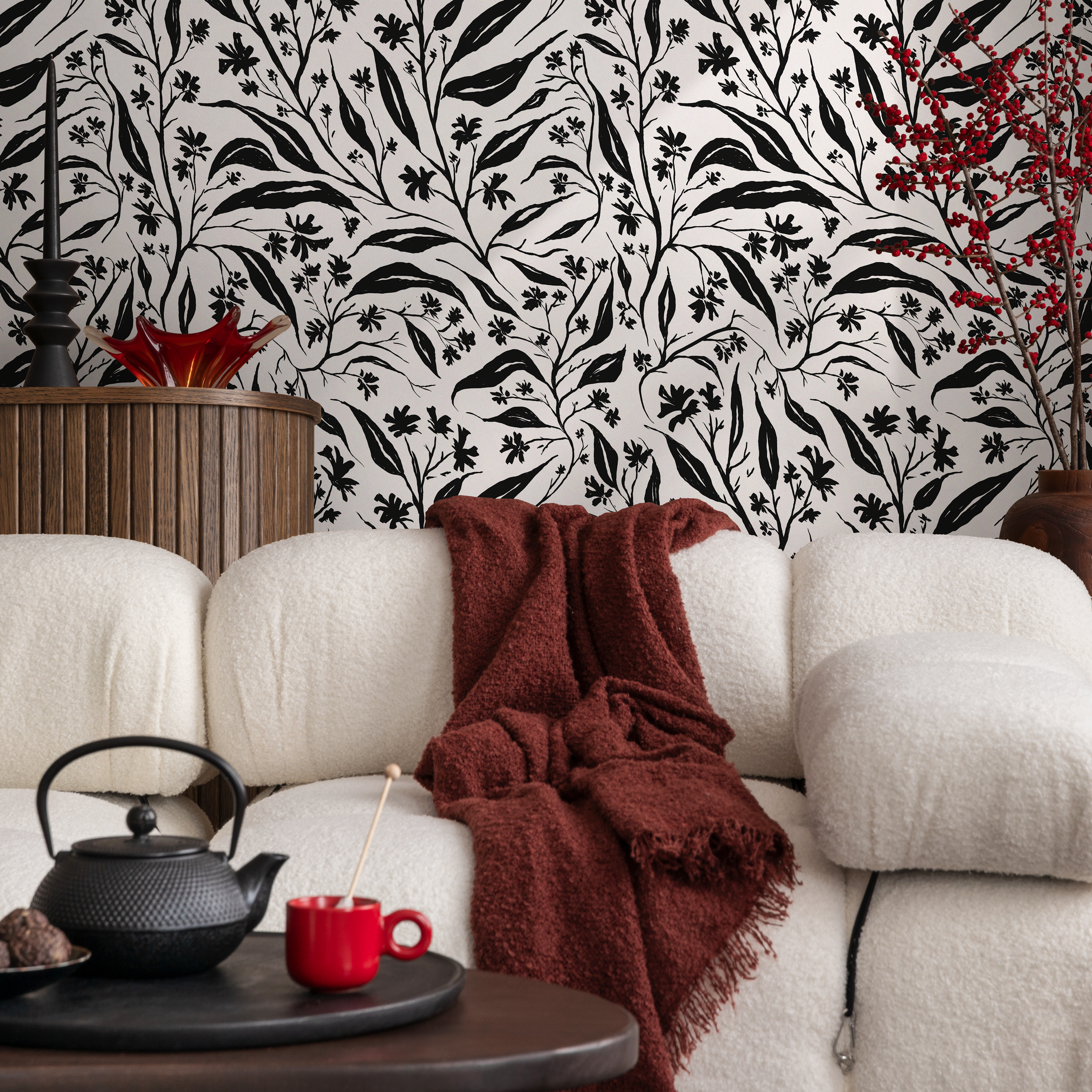 Tropical Wallpaper With Wildflower Vines In Black And Gray - C663