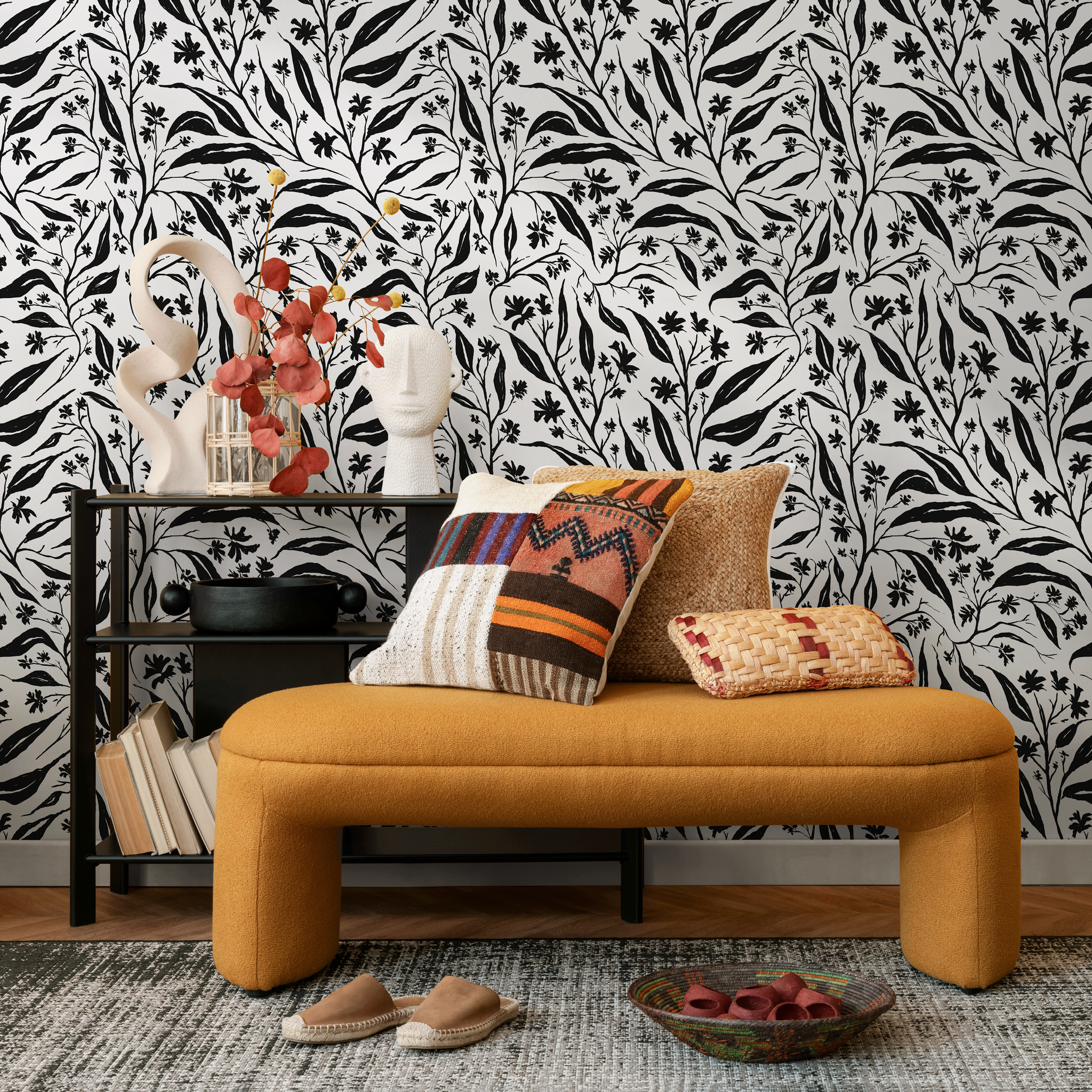 Tropical Wallpaper With Wildflower Vines In Black And Gray - C663