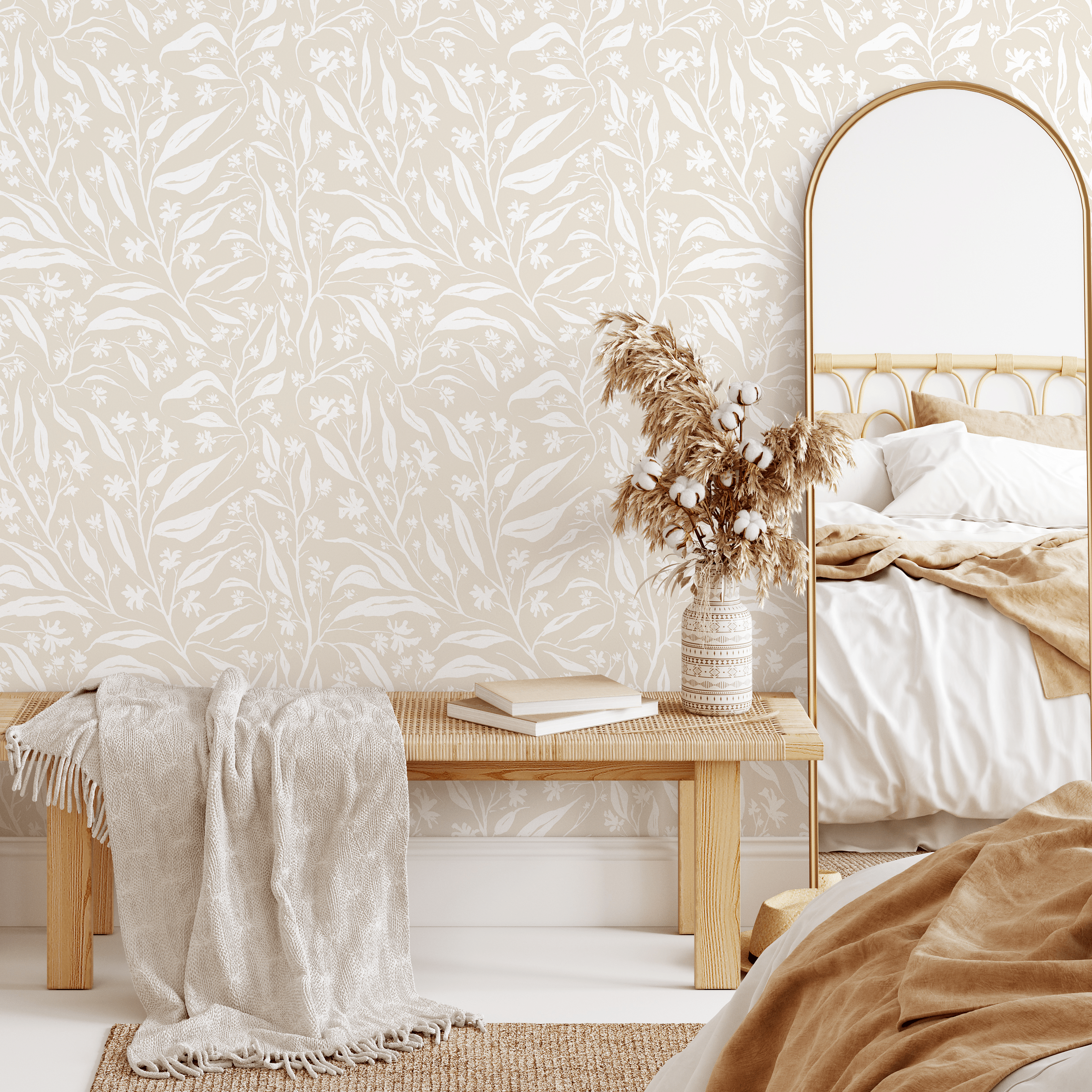 Botanical Wallpaper Featuring Delicate Climbing Vines In White And Beige - C664