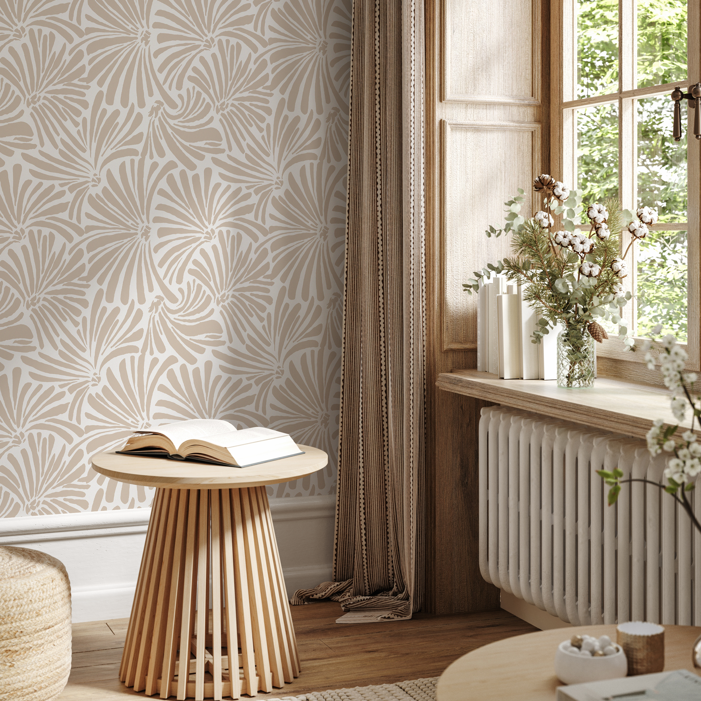 Botanical Wallpaper With Abstract Fan Leaves In Beige - C666