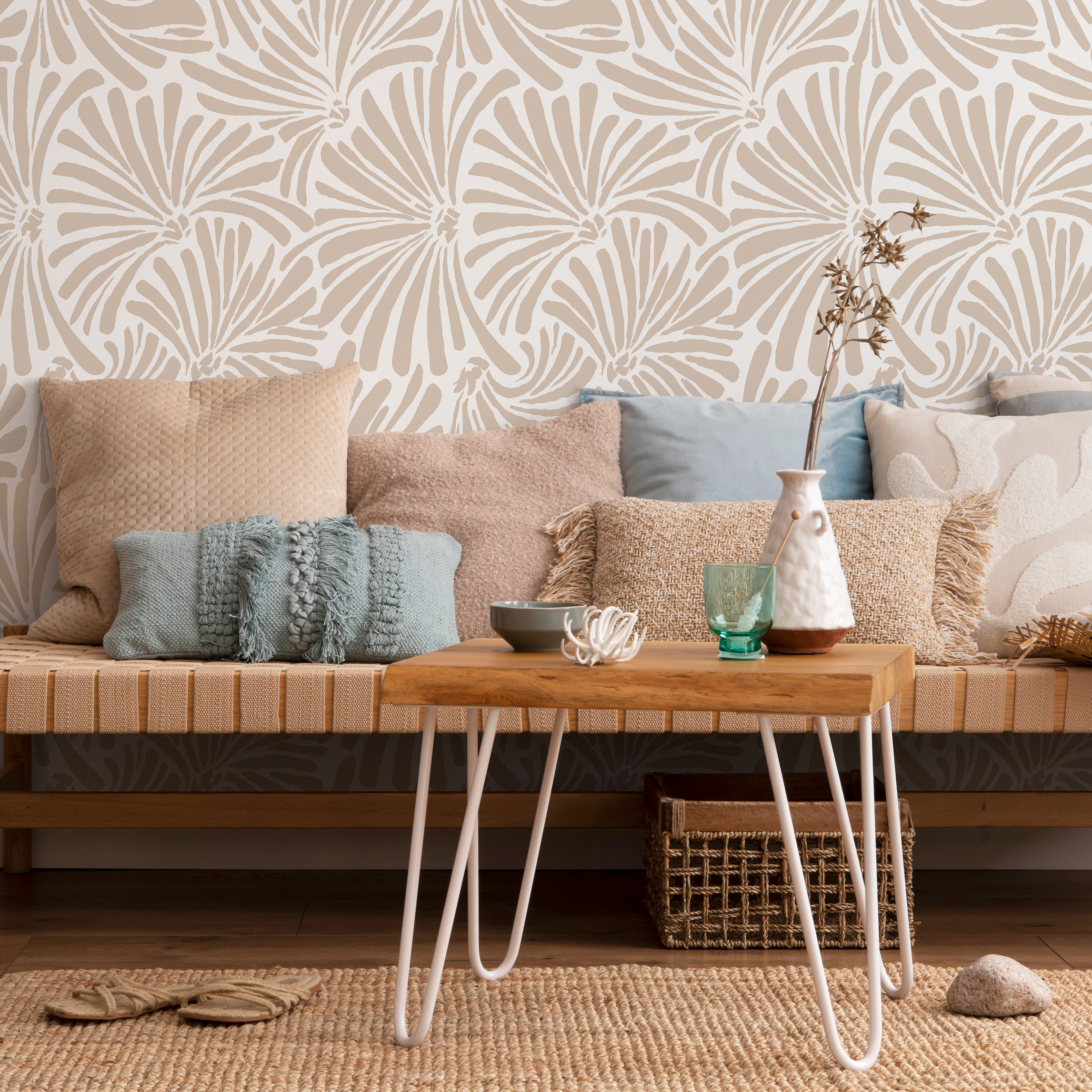 Botanical Wallpaper With Abstract Fan Leaves In Beige - C666