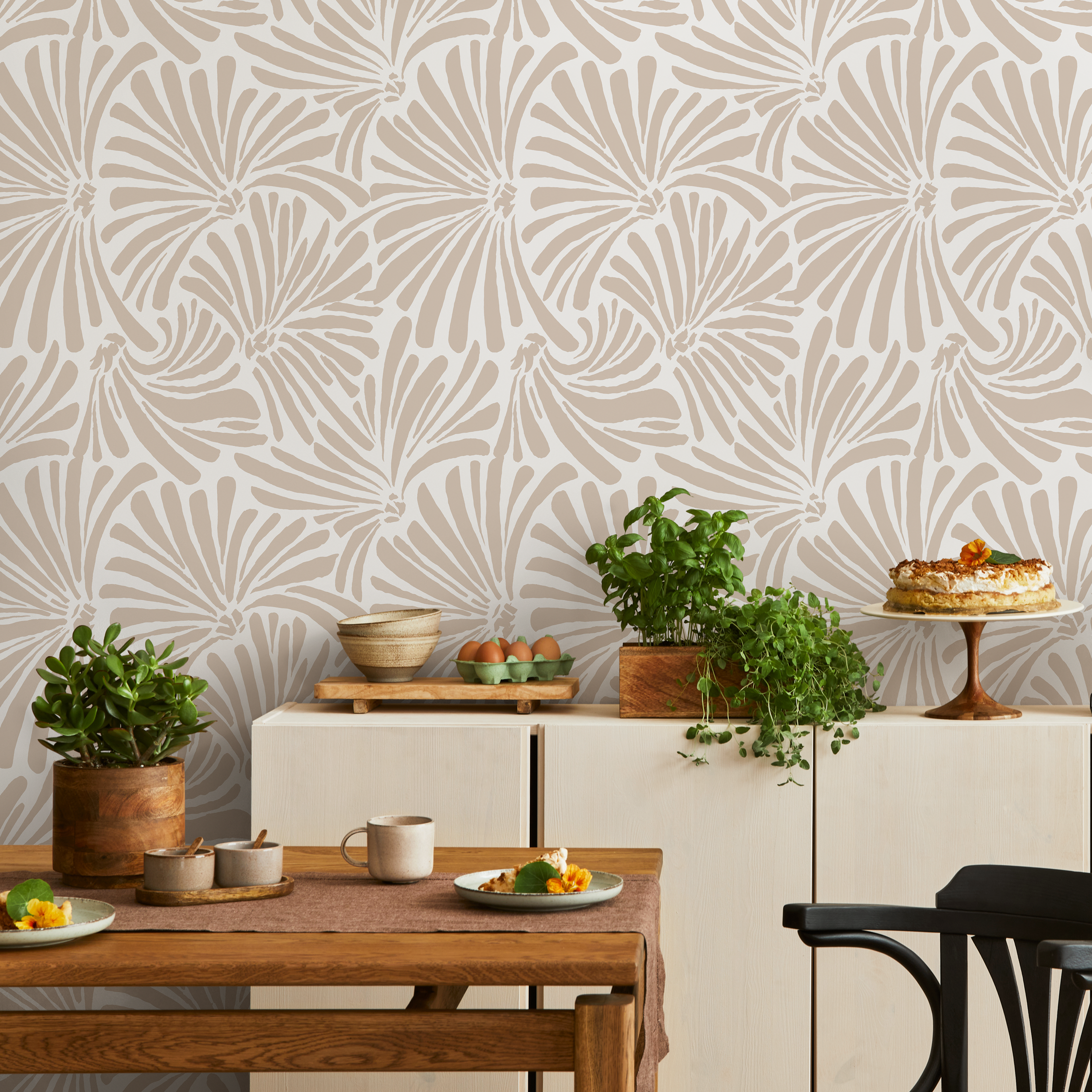 Botanical Wallpaper With Abstract Fan Leaves In Beige - C666
