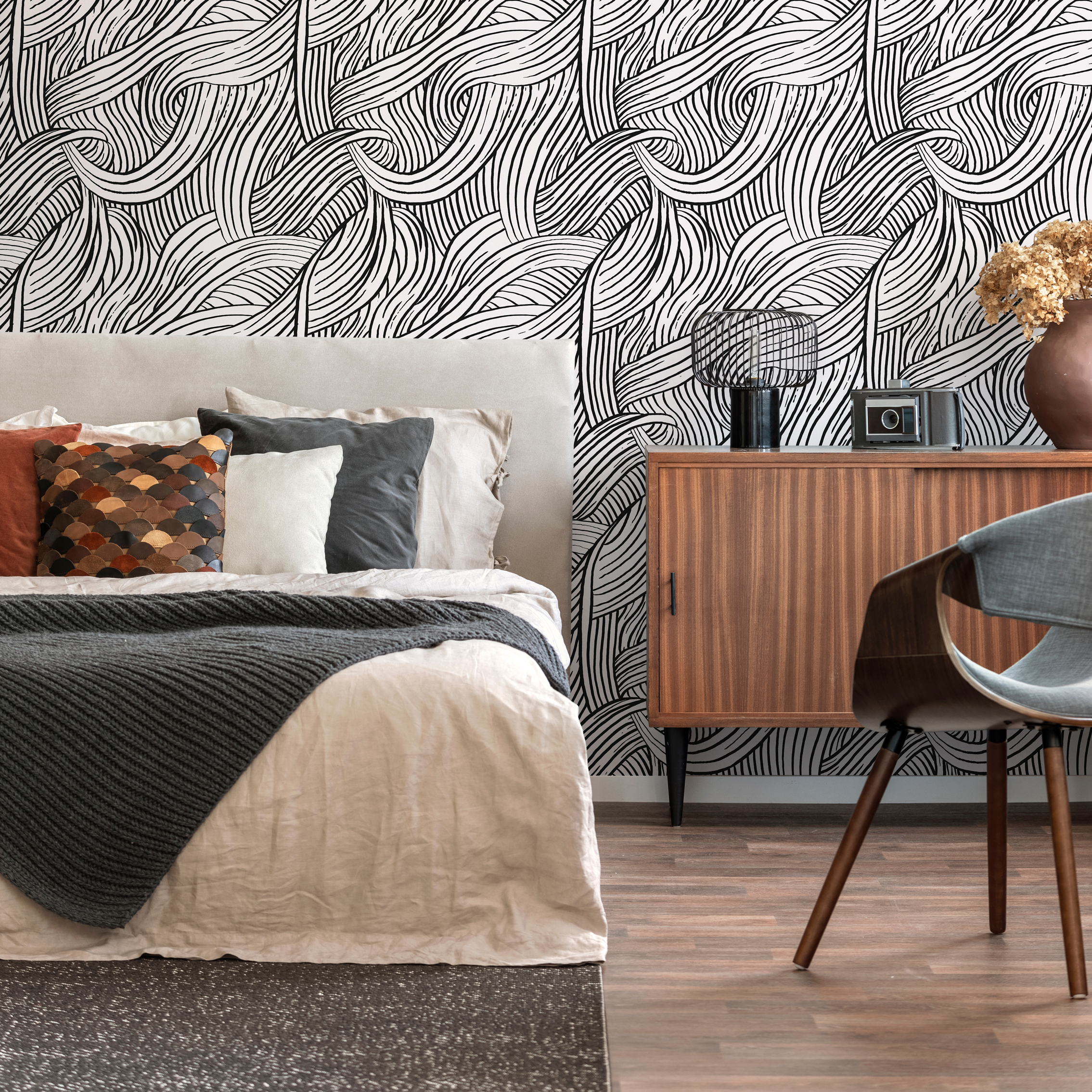 Abstract Wallpaper With An Organic Wave Motif In Black And White - C668