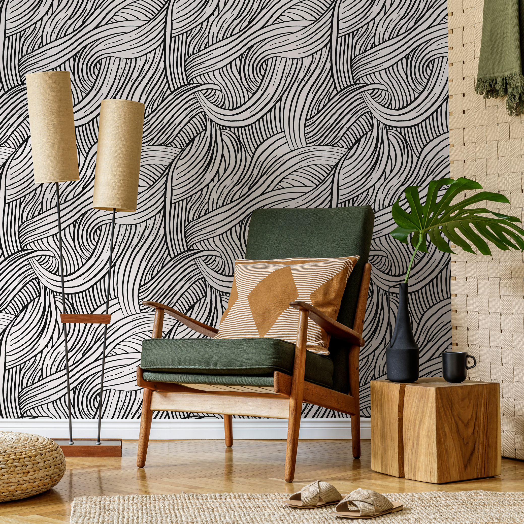 Abstract Wallpaper With An Organic Wave Motif In Black And White - C668