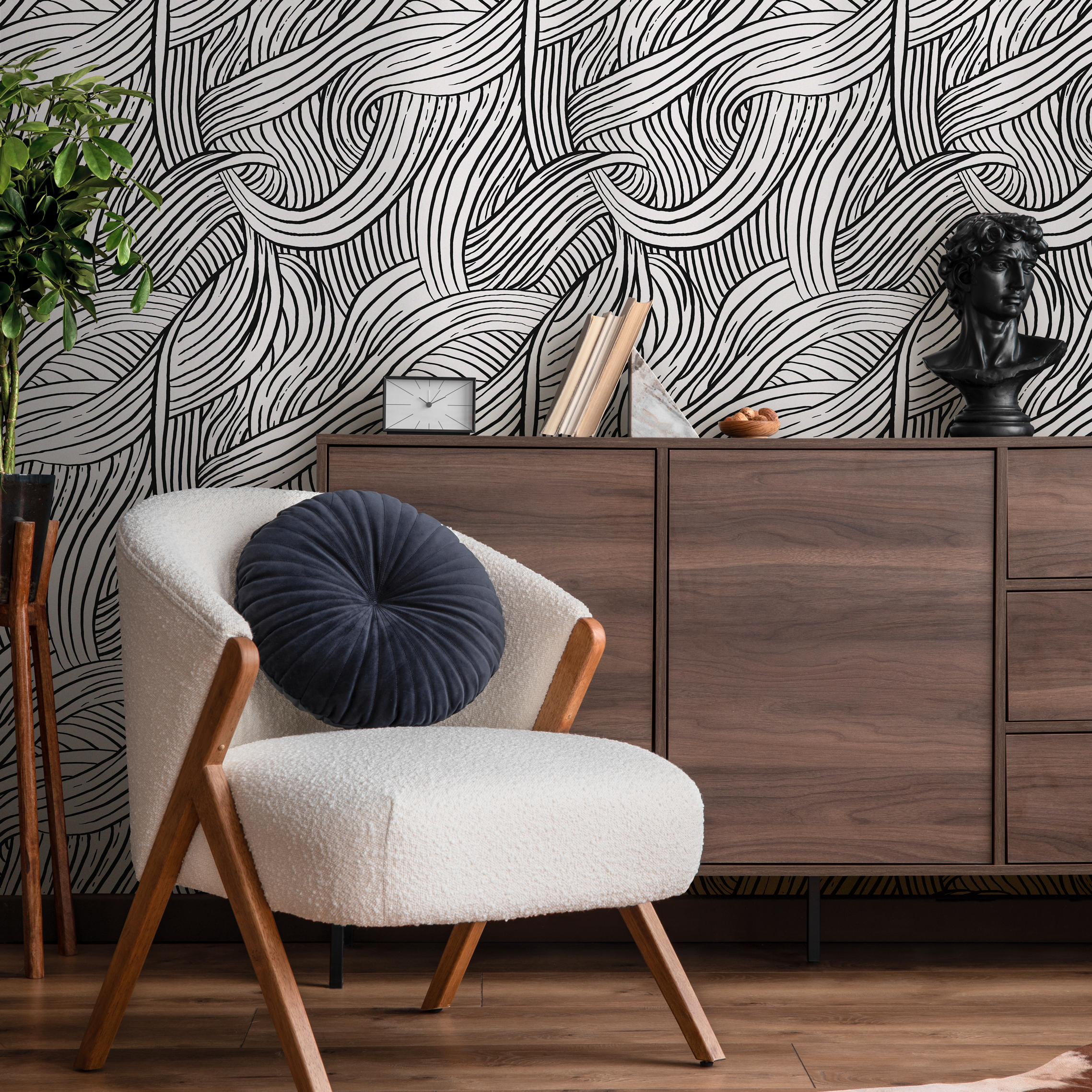 Abstract Wallpaper With An Organic Wave Motif In Black And White - C668