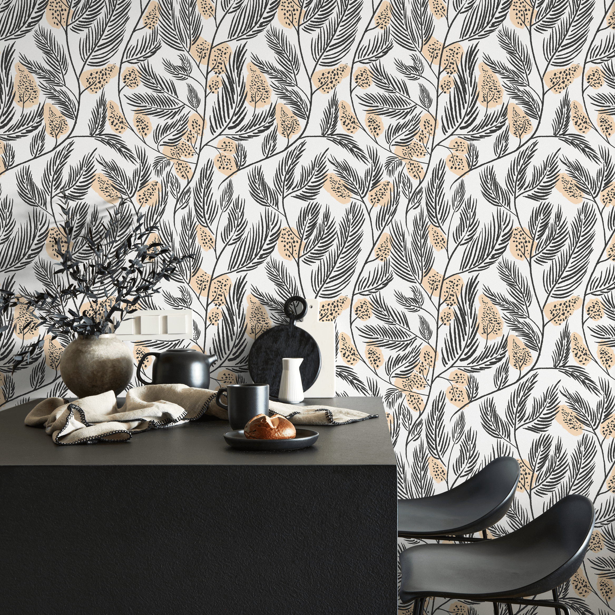 Botanical Wallpaper Featuring Stylized Fern Fronds In Black And Peach - C670