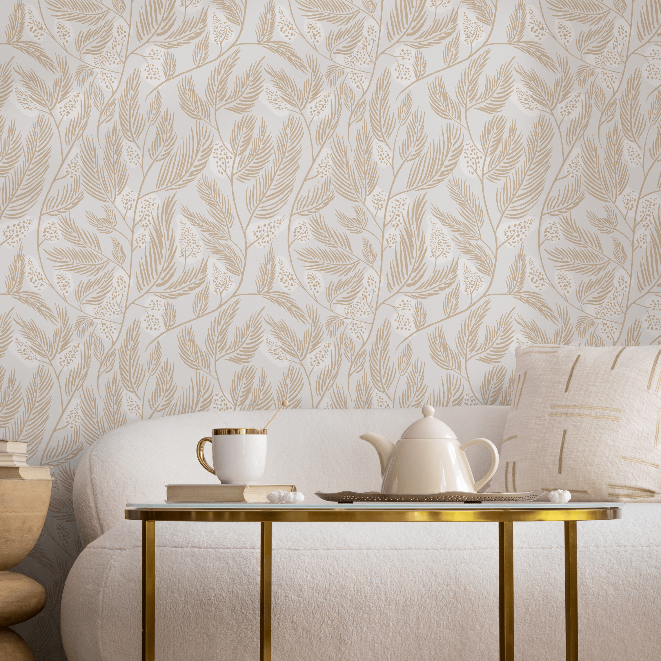 Botanical Wallpaper With Delicate Leafy Branches In Beige - C671