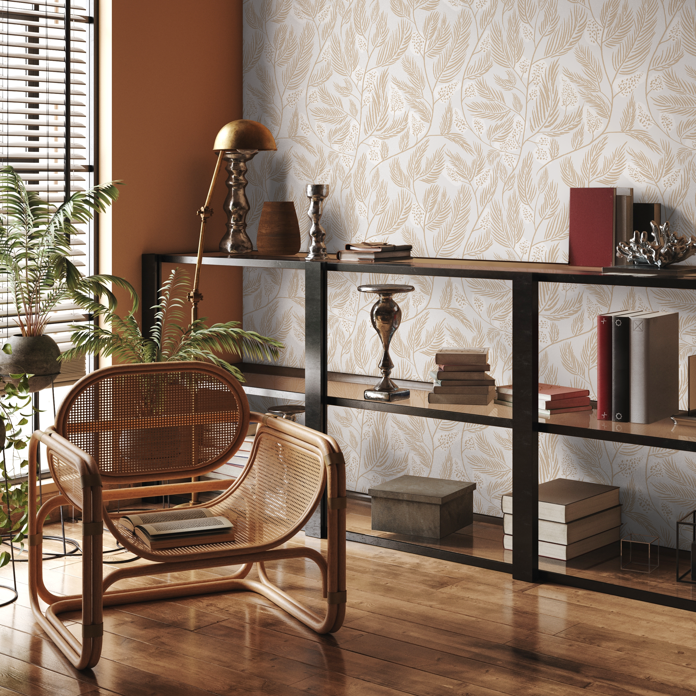 Botanical Wallpaper With Delicate Leafy Branches In Beige - C671