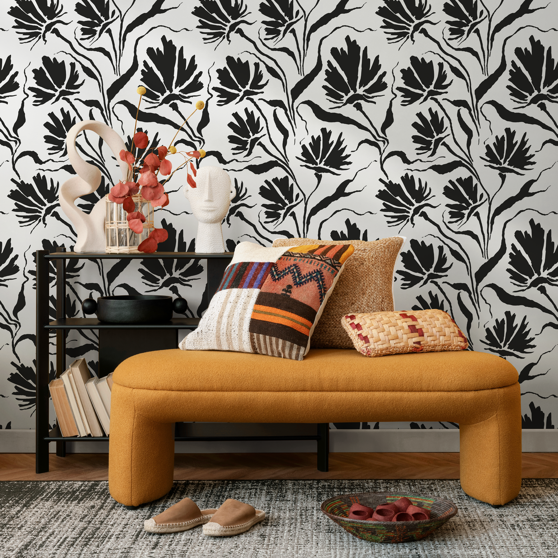Floral Wallpaper With A Bold Ink-drawn Motif In Black And White - C672