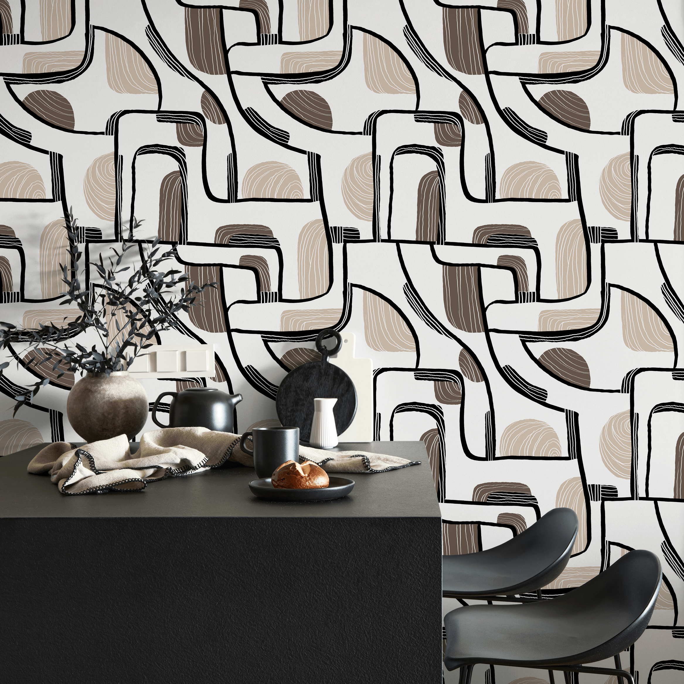 Abstract Wallpaper With Mid-century Lines And Shapes In Black, Brown, And Beige - C673