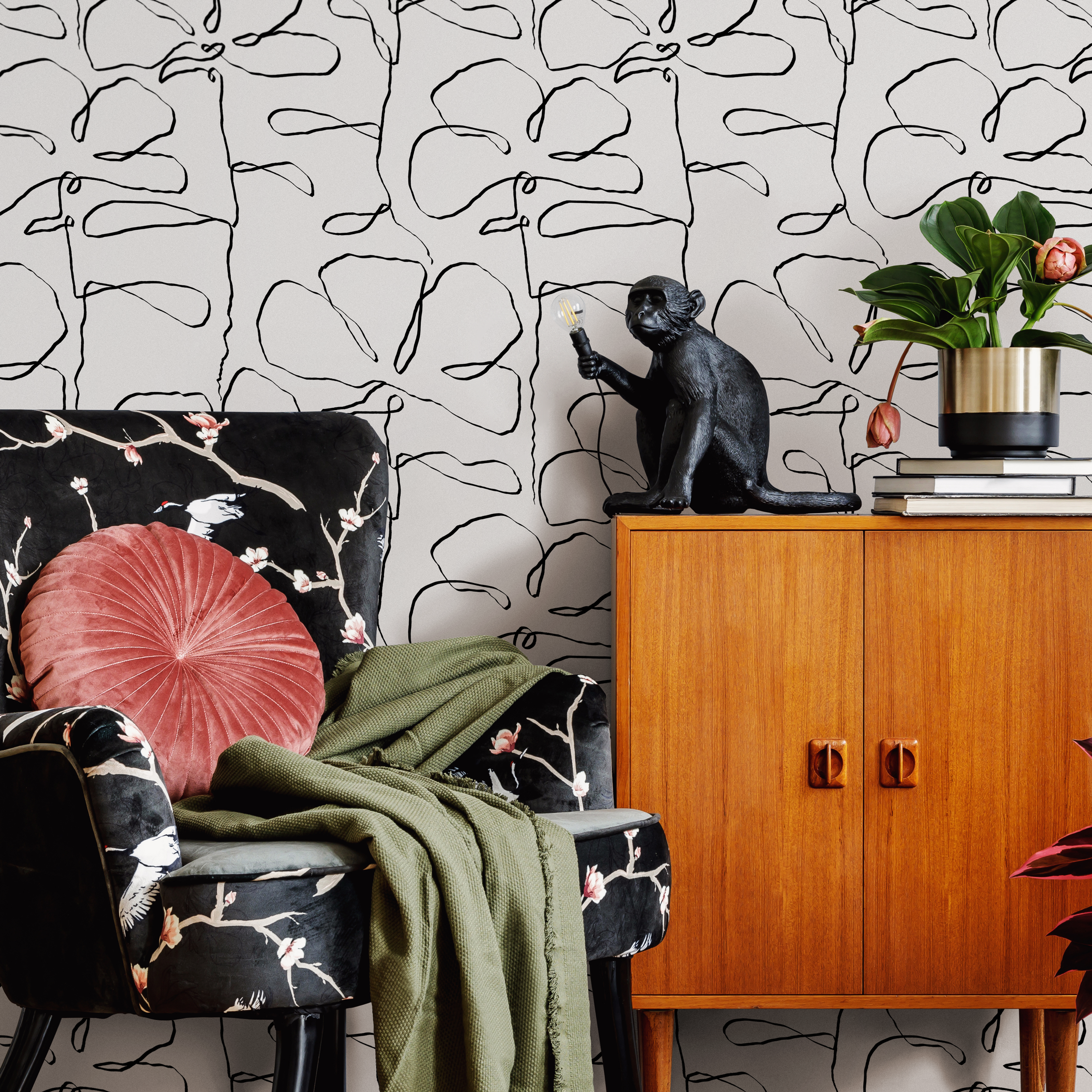 Floral Wallpaper With Hand-drawn Floral Outlines In Black And White - C674