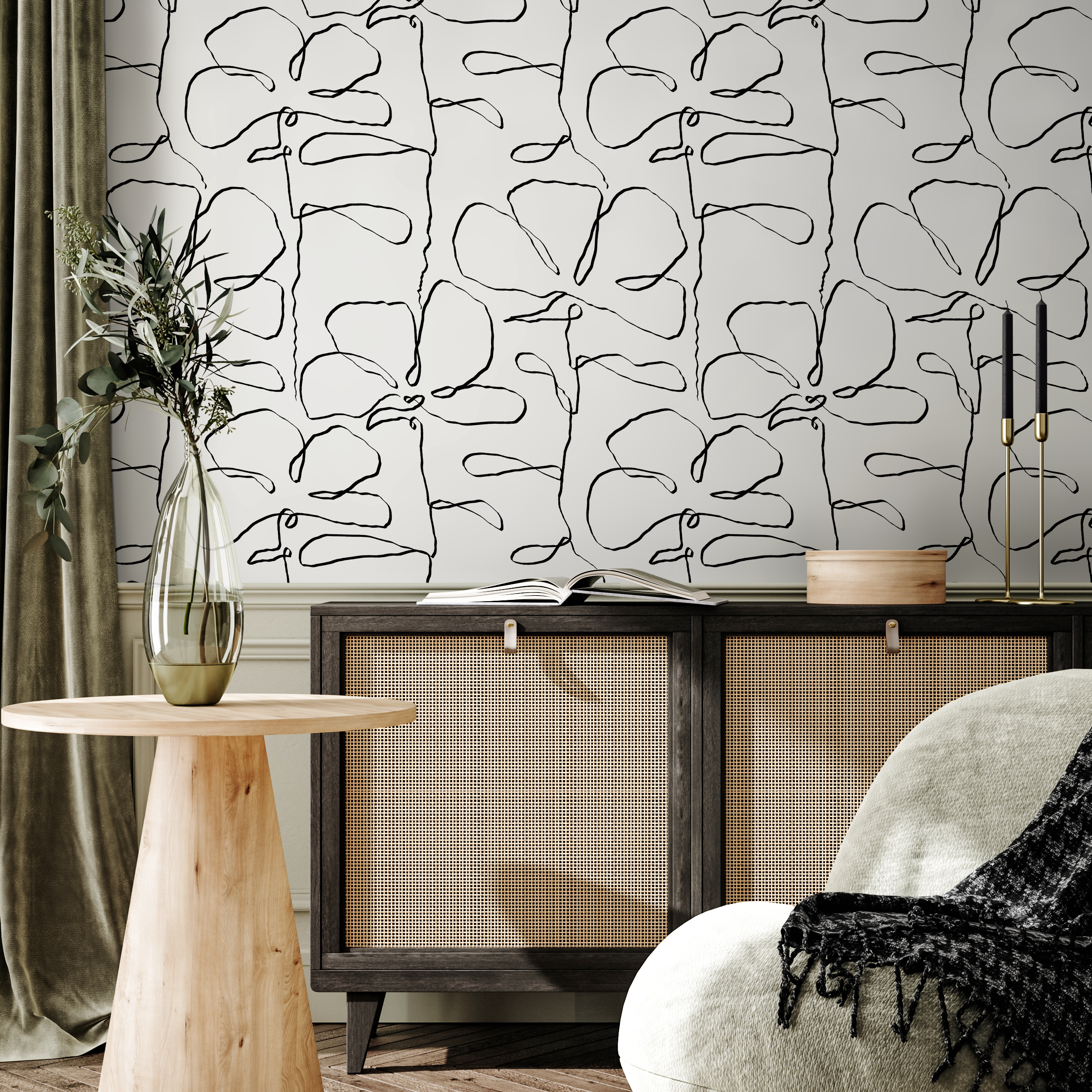 Floral Wallpaper With Hand-drawn Floral Outlines In Black And White - C674