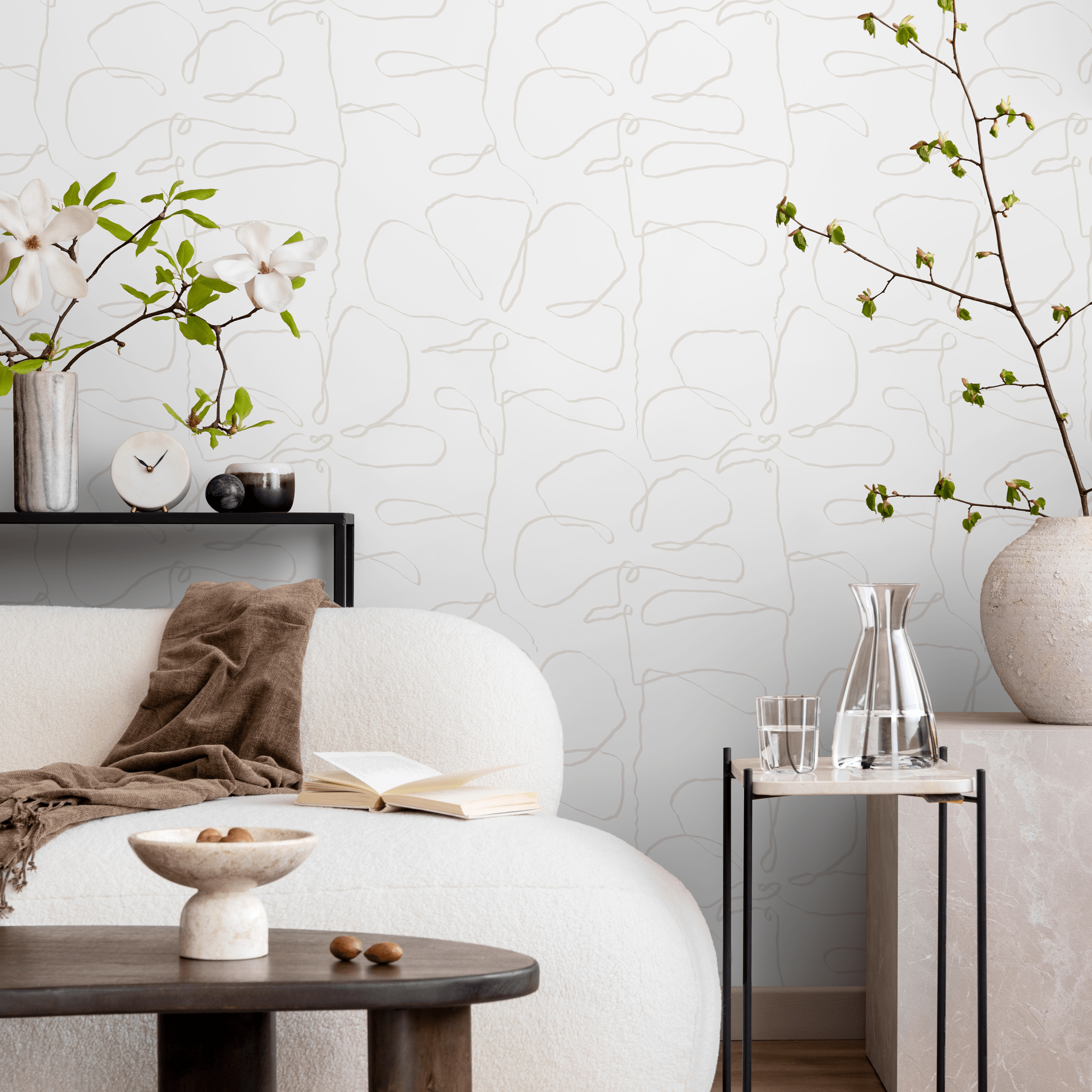 Floral Wallpaper Featuring Abstract Floral Outlines In Beige - C675