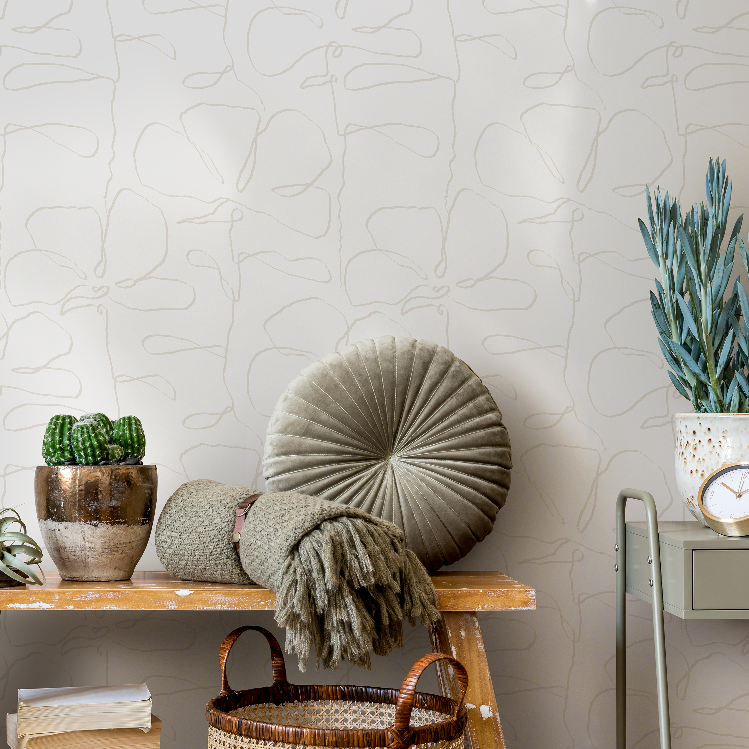 Floral Wallpaper Featuring Abstract Floral Outlines In Beige - C675