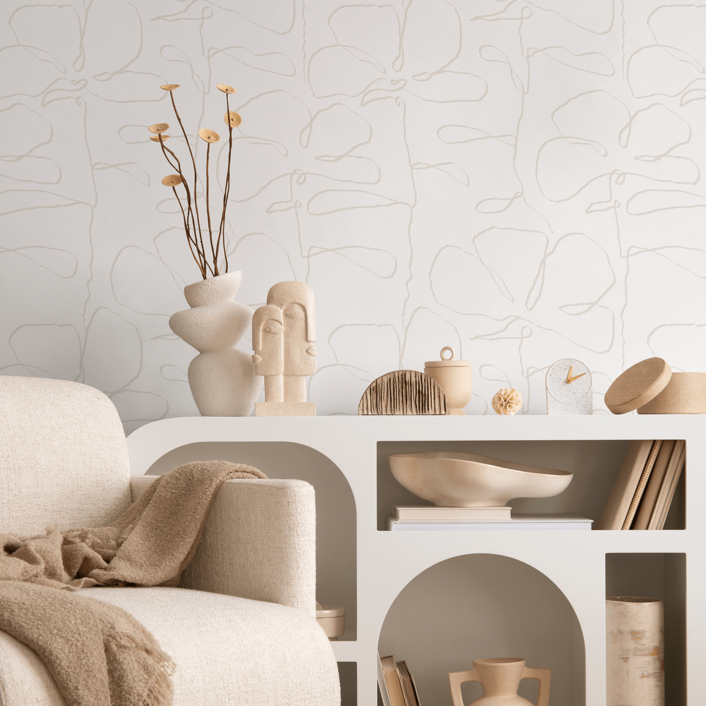 Floral Wallpaper Featuring Abstract Floral Outlines In Beige - C675