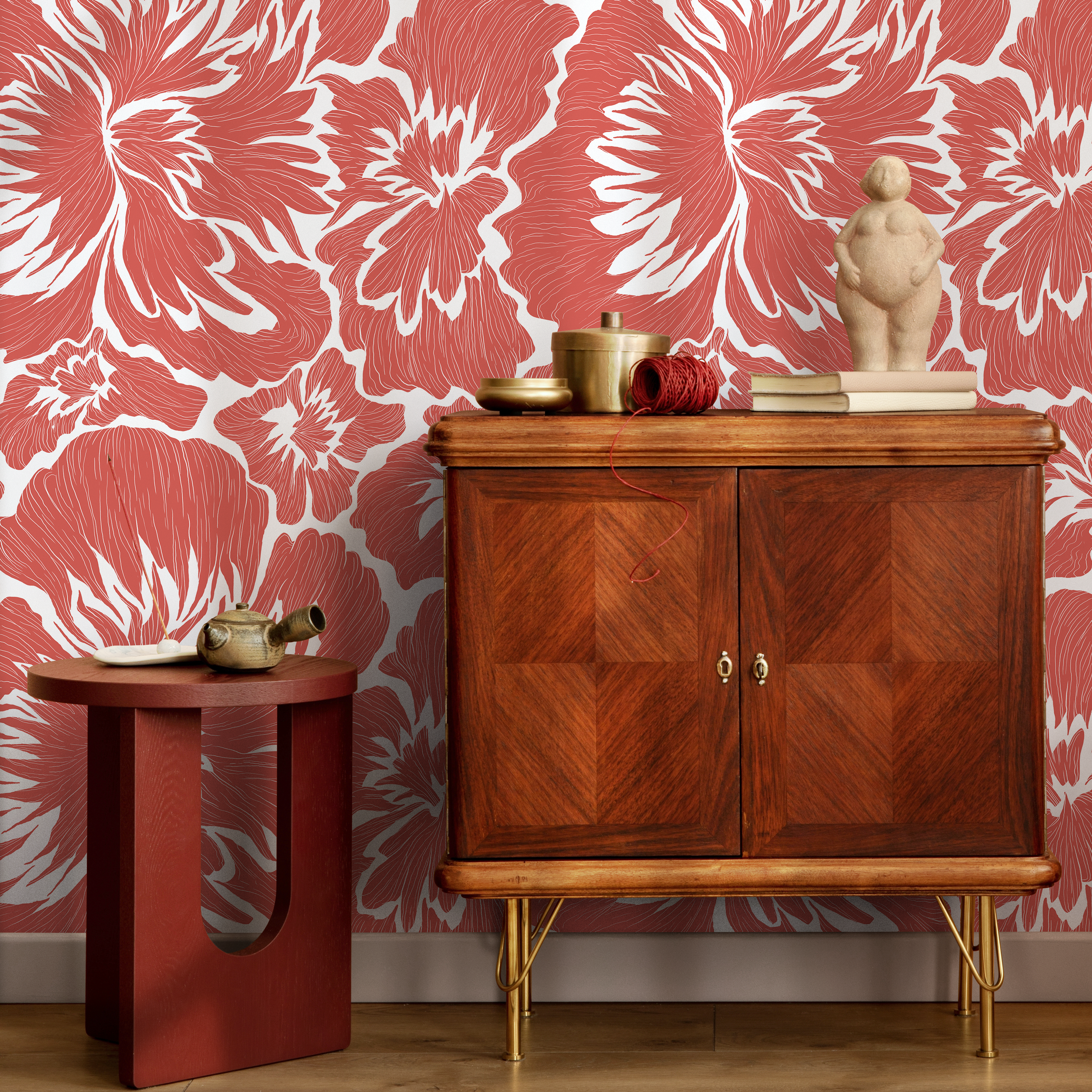 Floral Wallpaper With A Bold Hibiscus Motif In Coral - C678