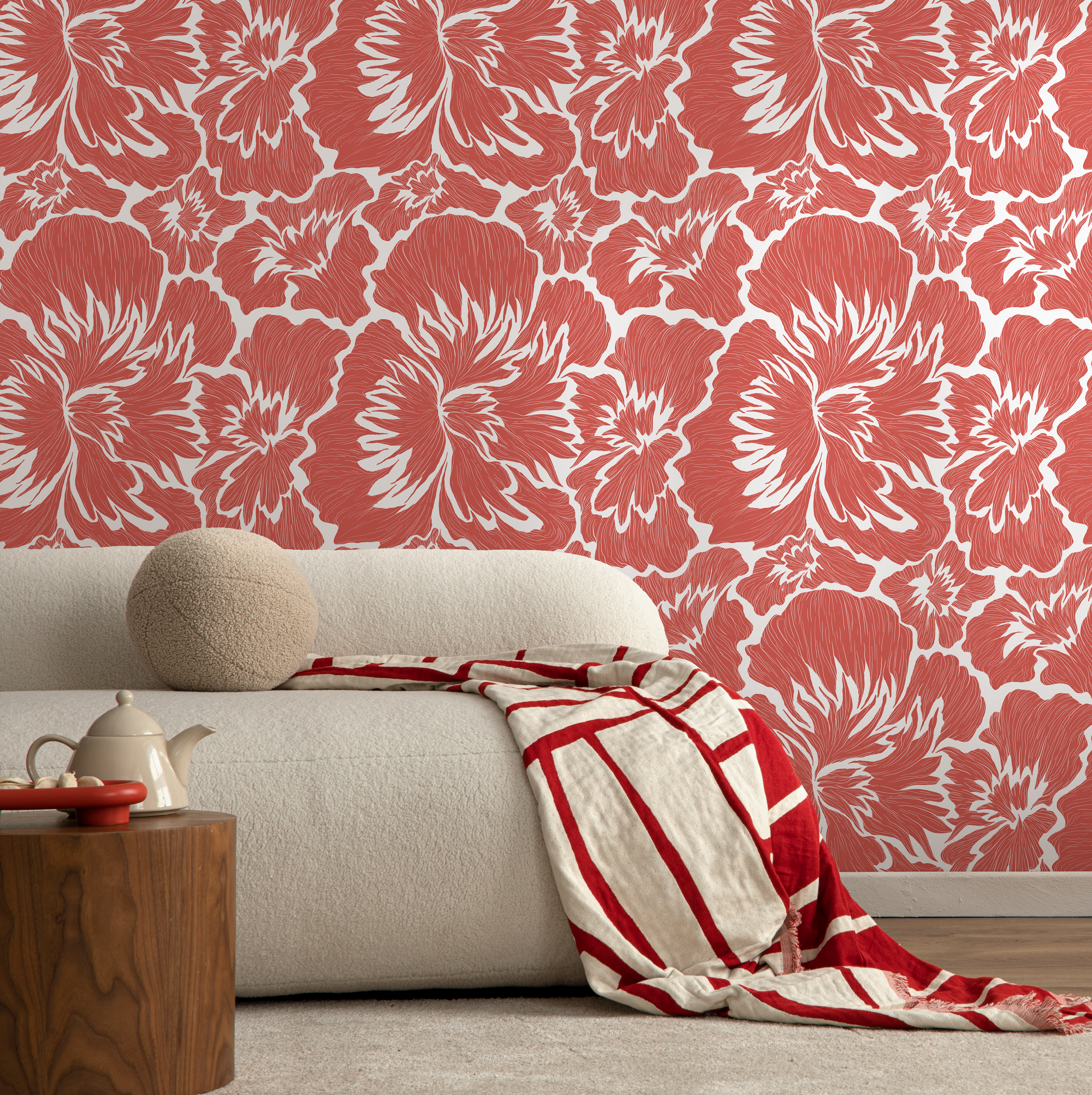 Floral Wallpaper With A Bold Hibiscus Motif In Coral - C678