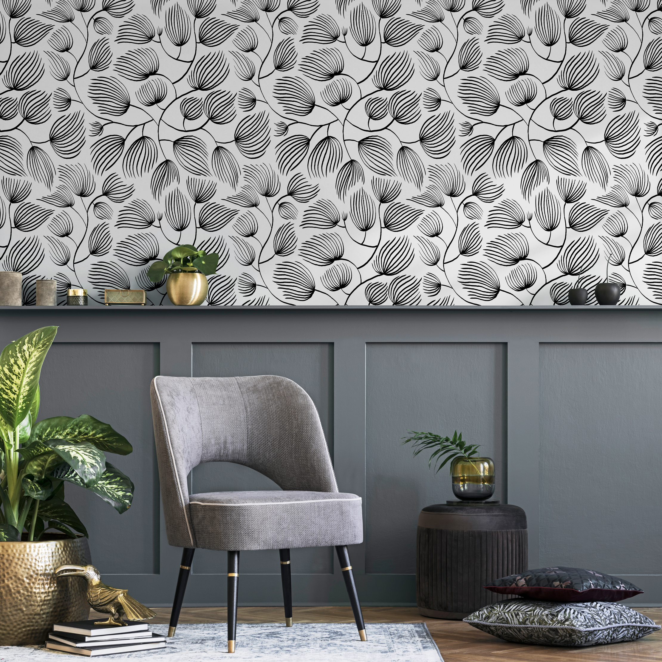 Botanical Wallpaper With A Flowing Line Art Leaf Motif In Black And White - C680