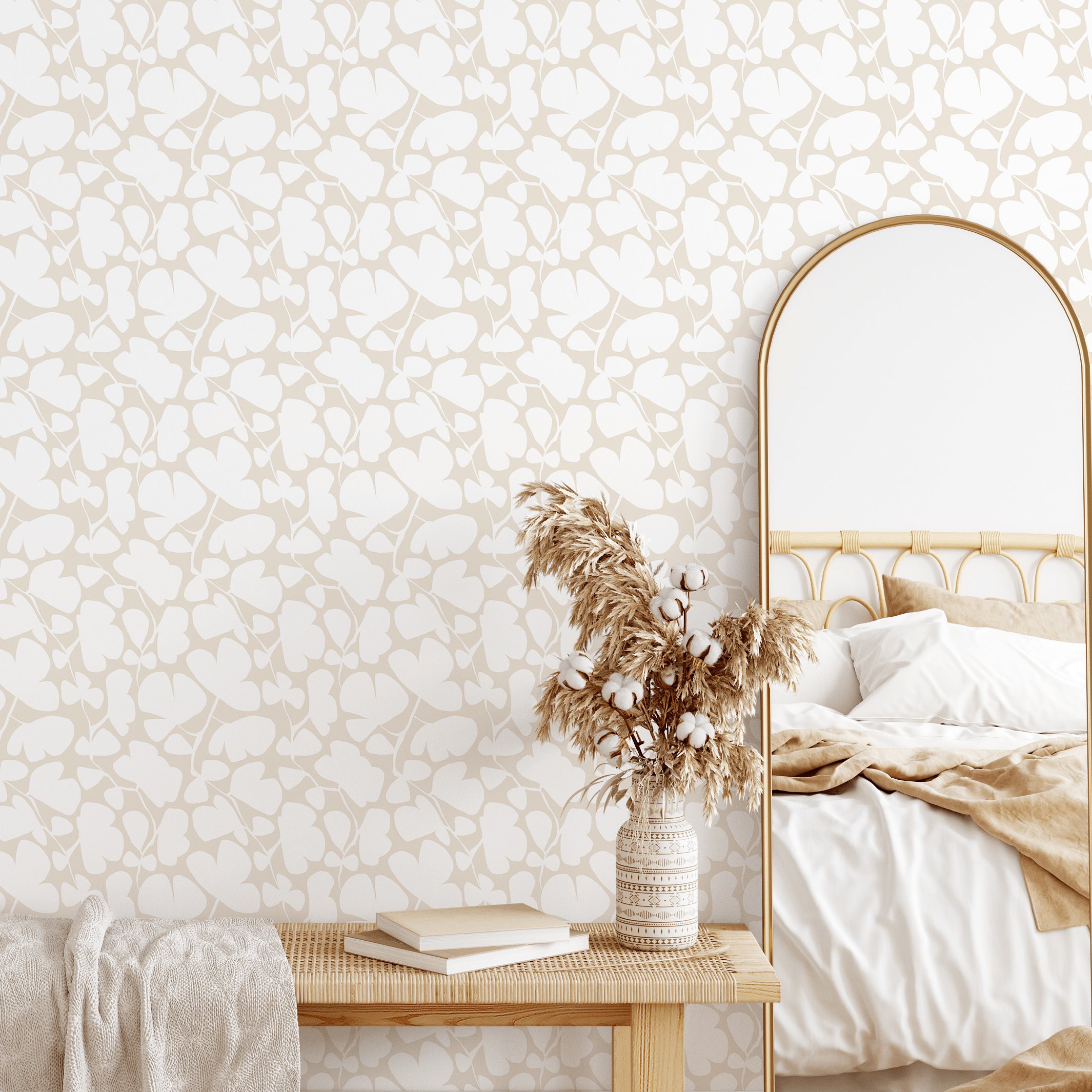 Botanical Wallpaper With A Stylized Leaf Motif In Beige And White - C681