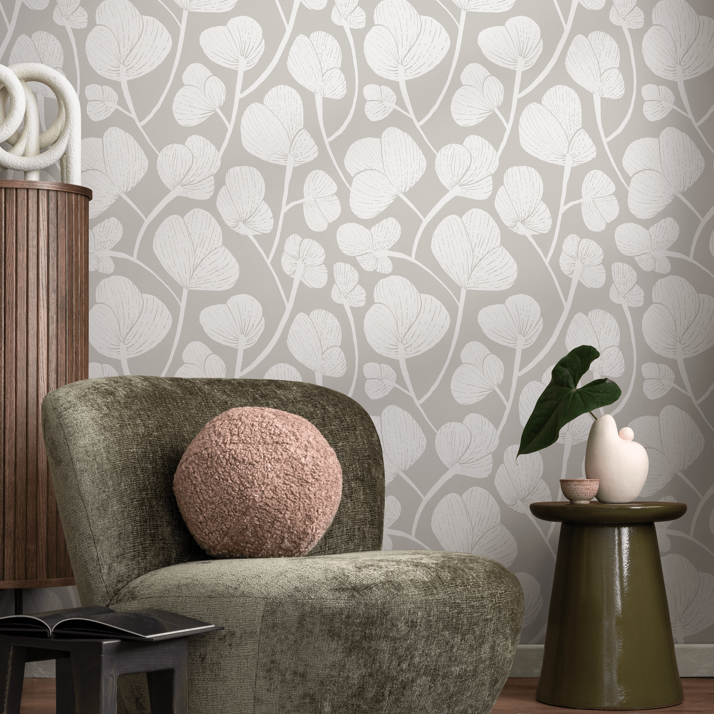 Floral Wallpaper With A Stylized Leaf Motif In Gray And White - C686