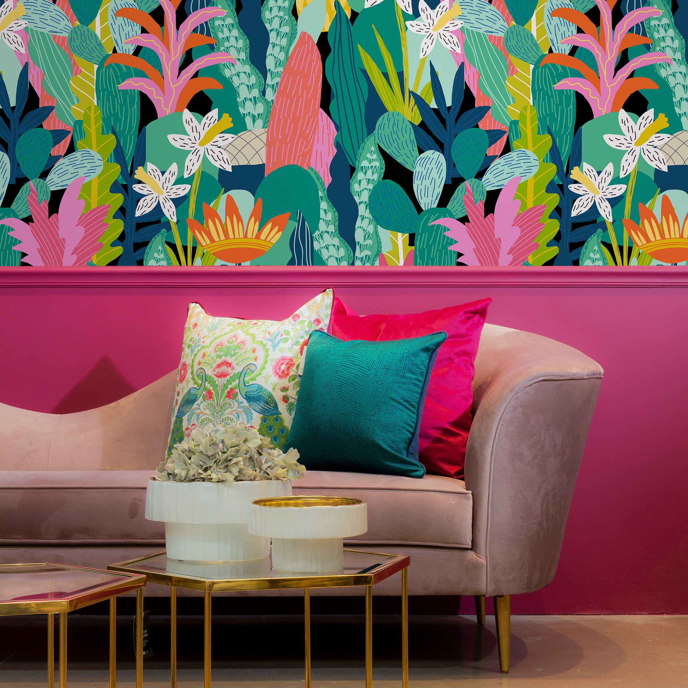 Botanical Wallpaper With A Stylized Jungle Motif In Pink, Green, And Orange - C687