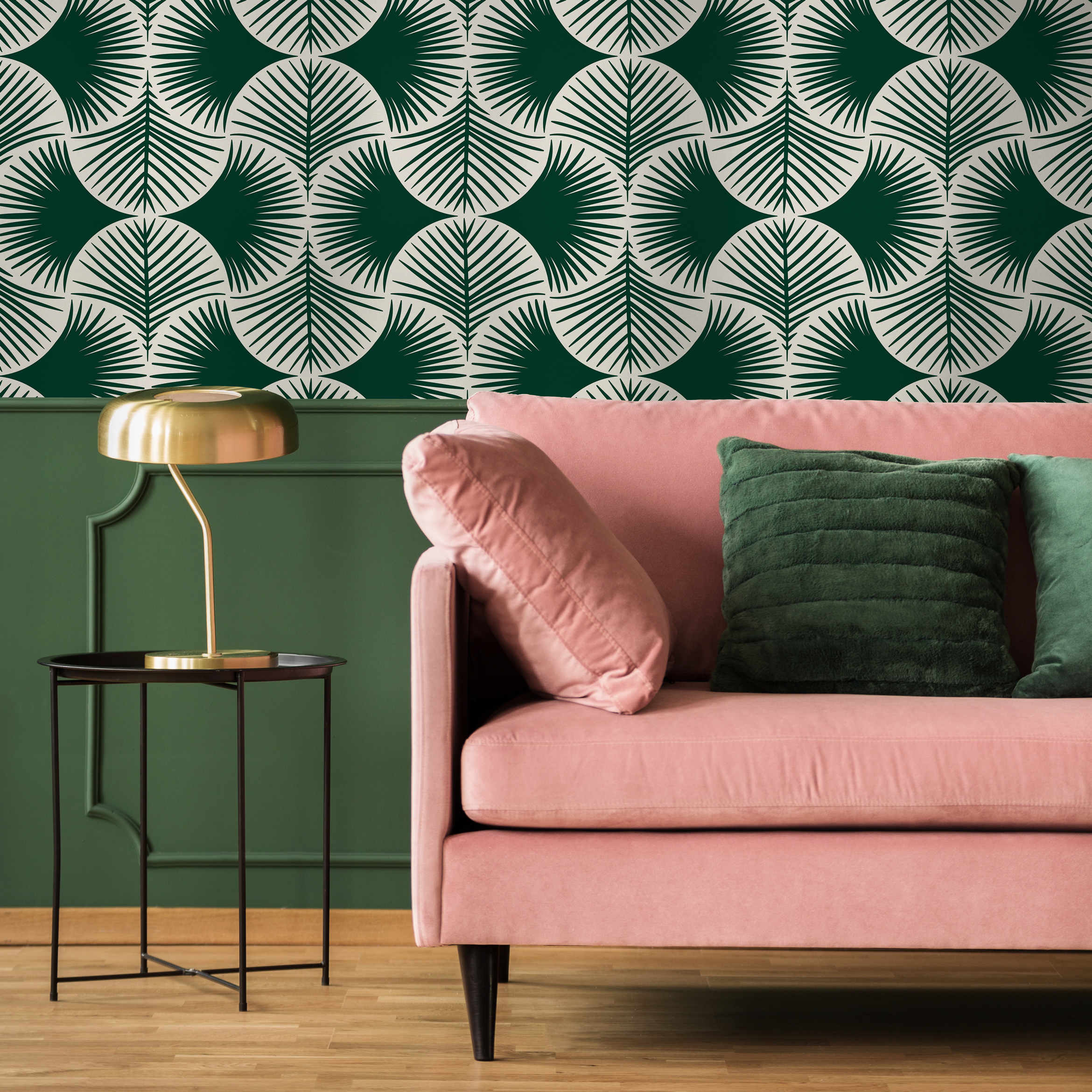 Botanical Wallpaper With A Modern Palm Fan Motif In Green And White - C688