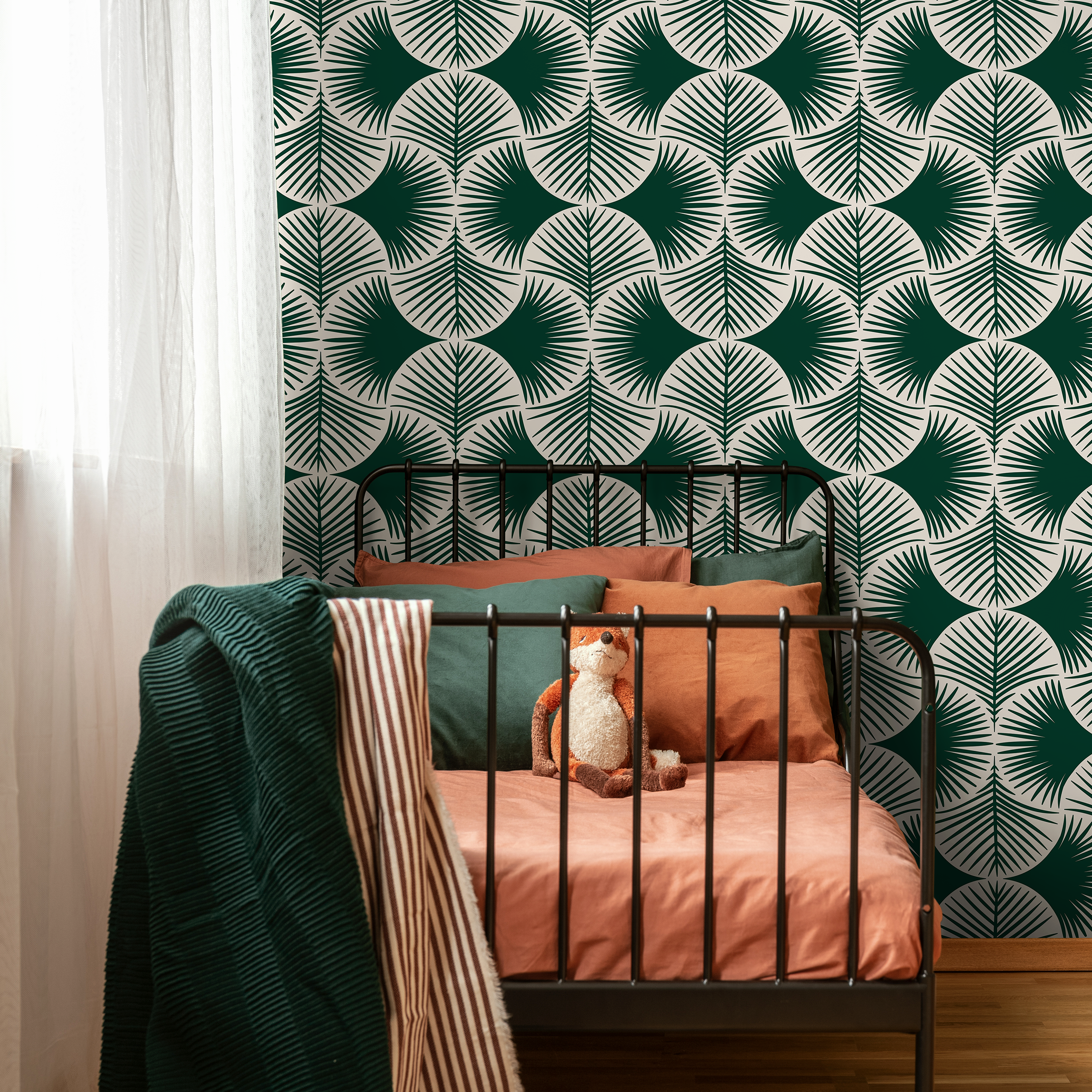 Botanical Wallpaper With A Modern Palm Fan Motif In Green And White - C688
