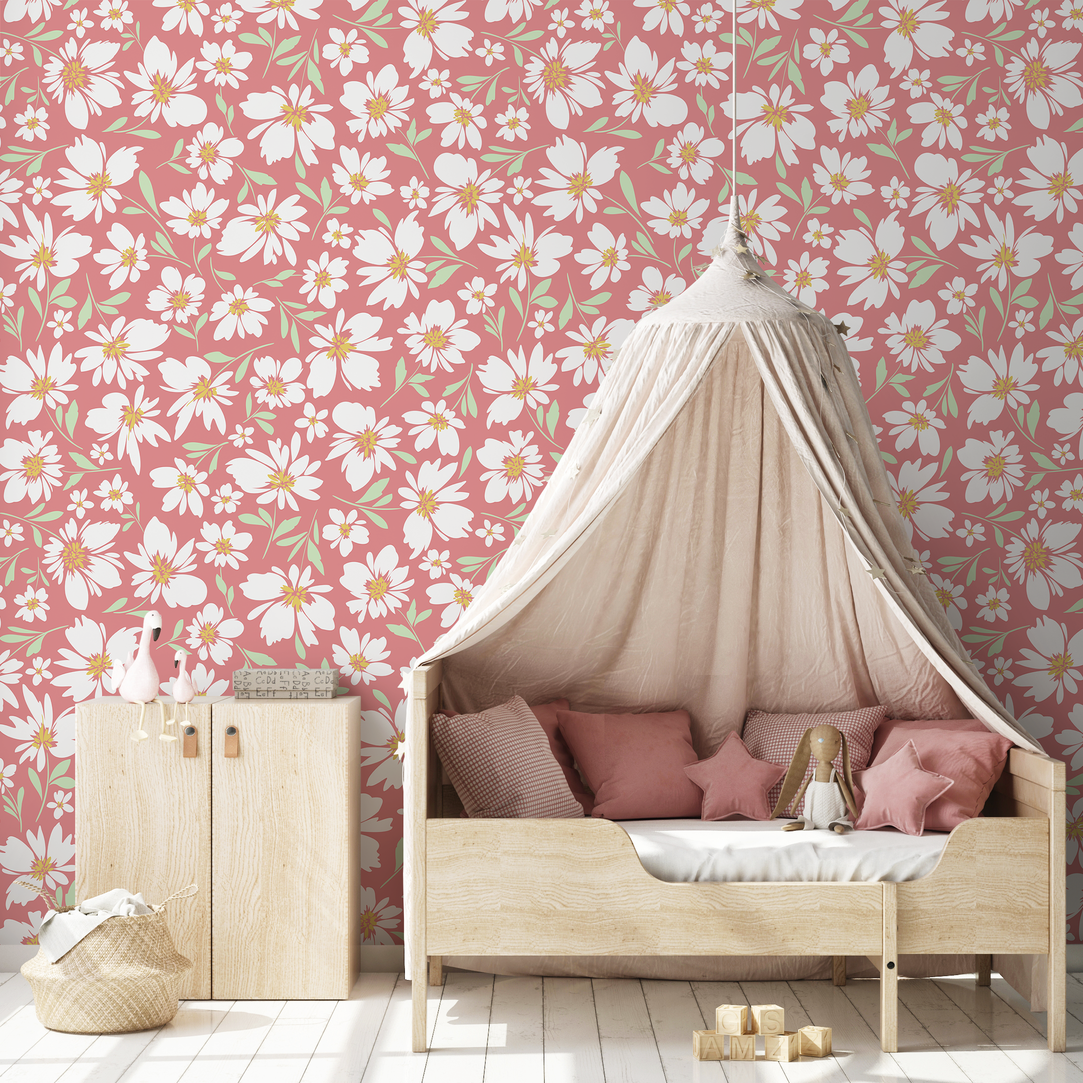 Floral Wallpaper With A Charming Daisy Motif In Pink, White, And Green - C691