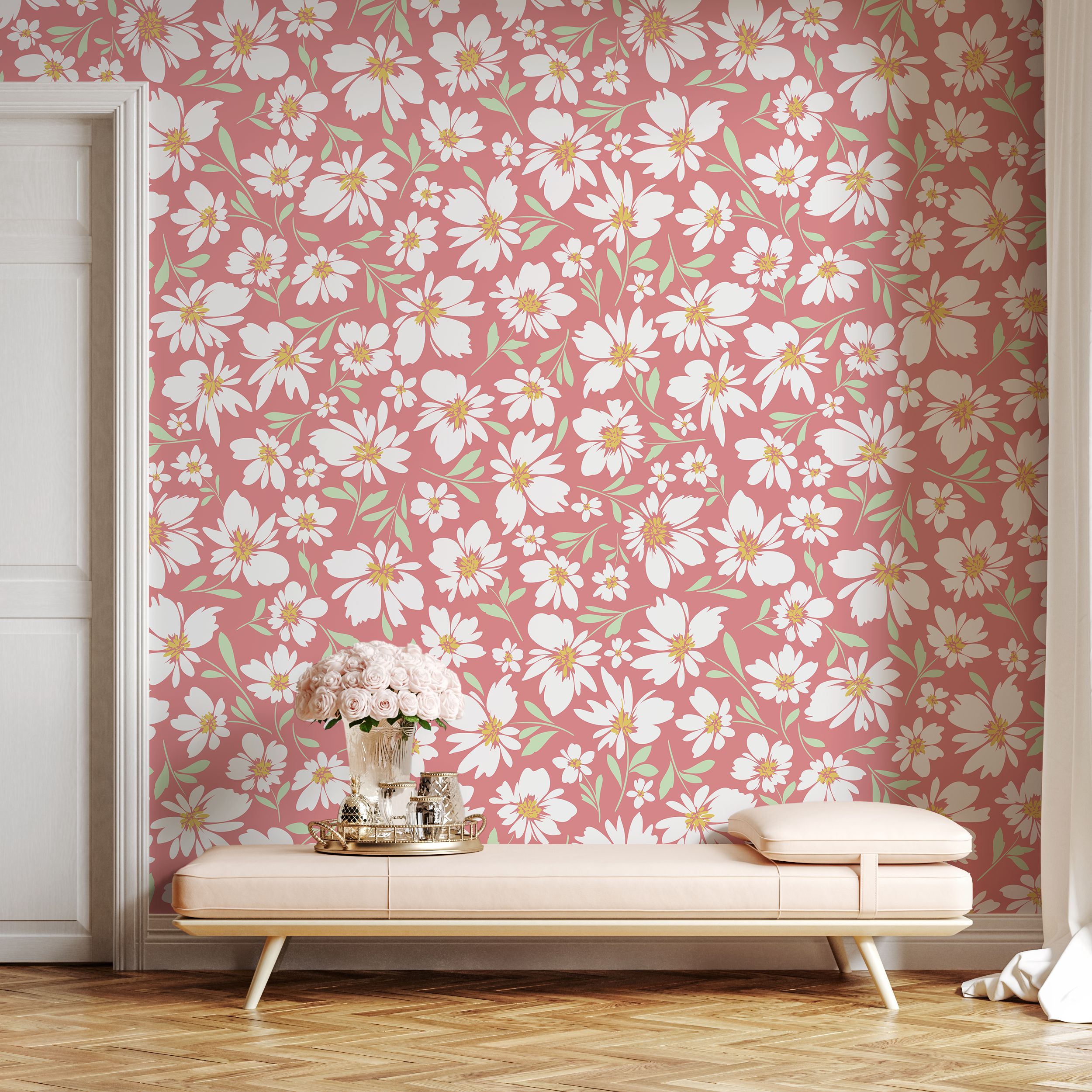 Floral Wallpaper With A Charming Daisy Motif In Pink, White, And Green - C691