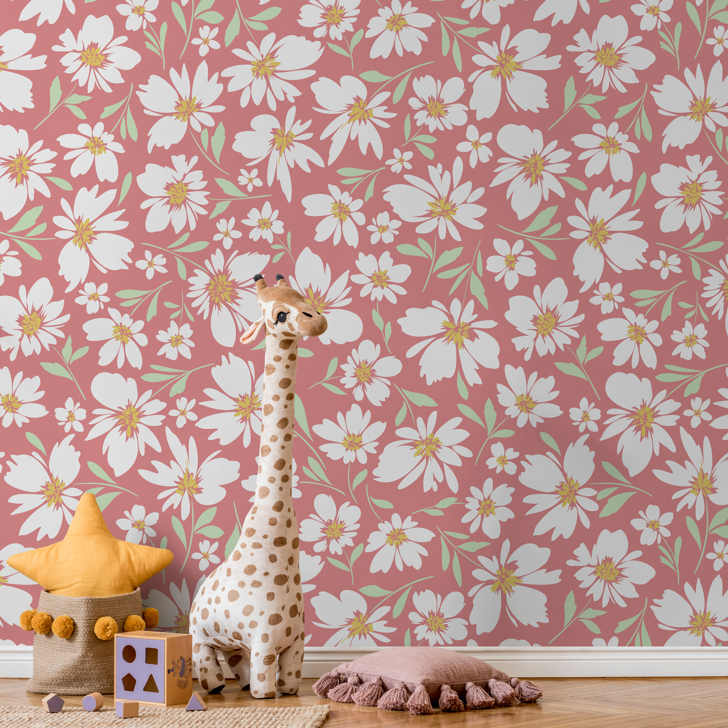 Floral Wallpaper With A Charming Daisy Motif In Pink, White, And Green - C691