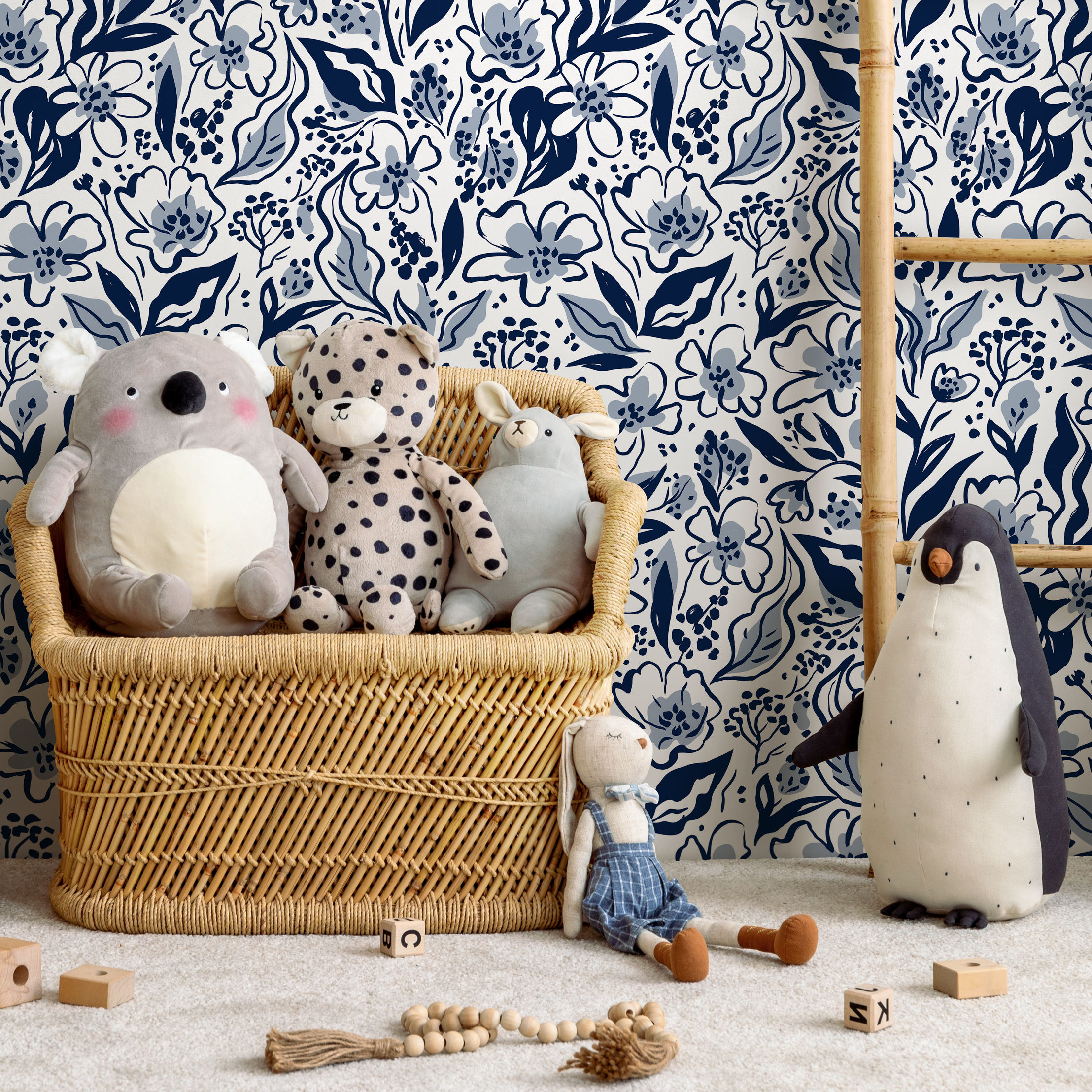 Floral Wallpaper With Painterly Blooms And Leaves In Navy And Blue - C692