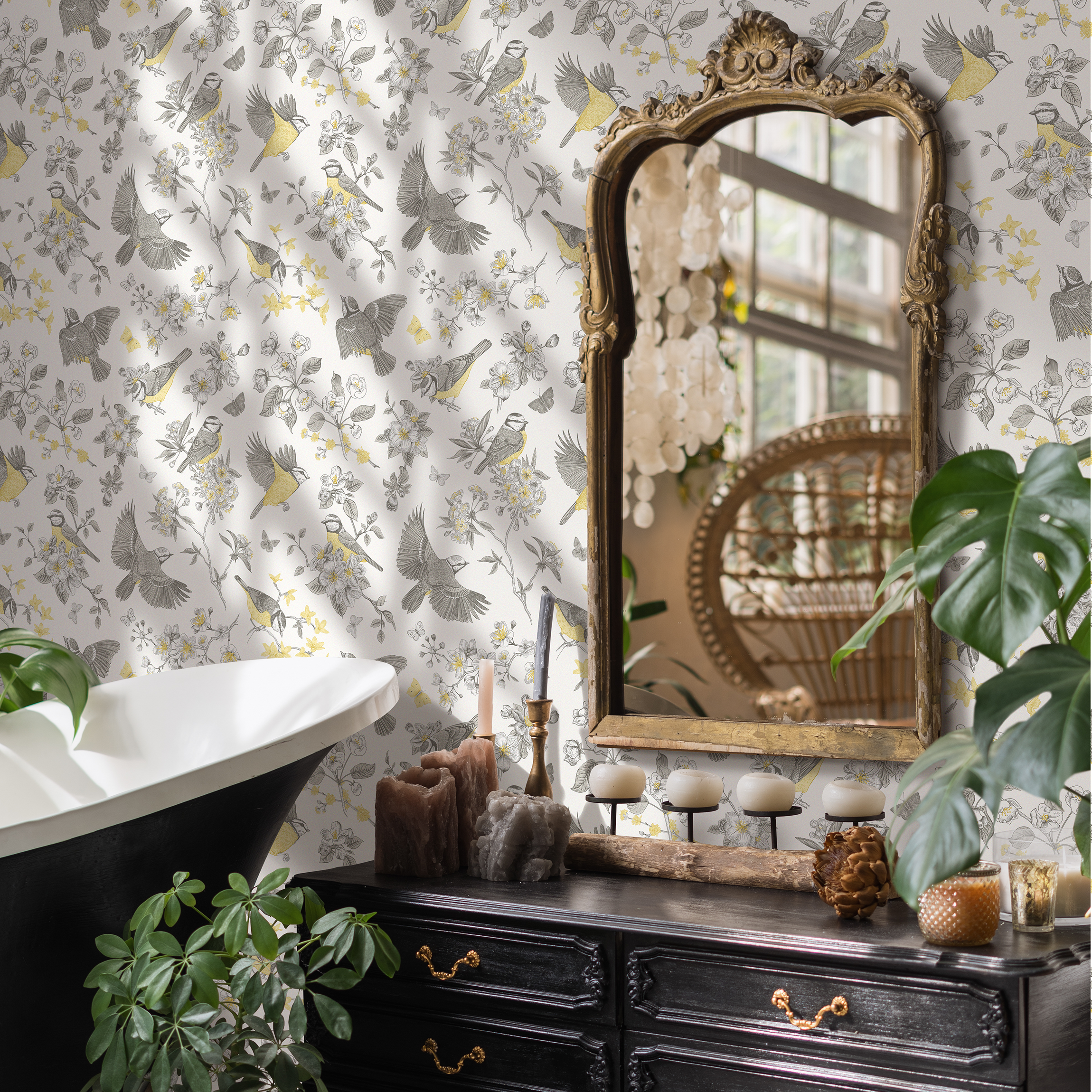 Bird Wallpaper Featuring Flowering Branches In Grey And Yellow - C697
