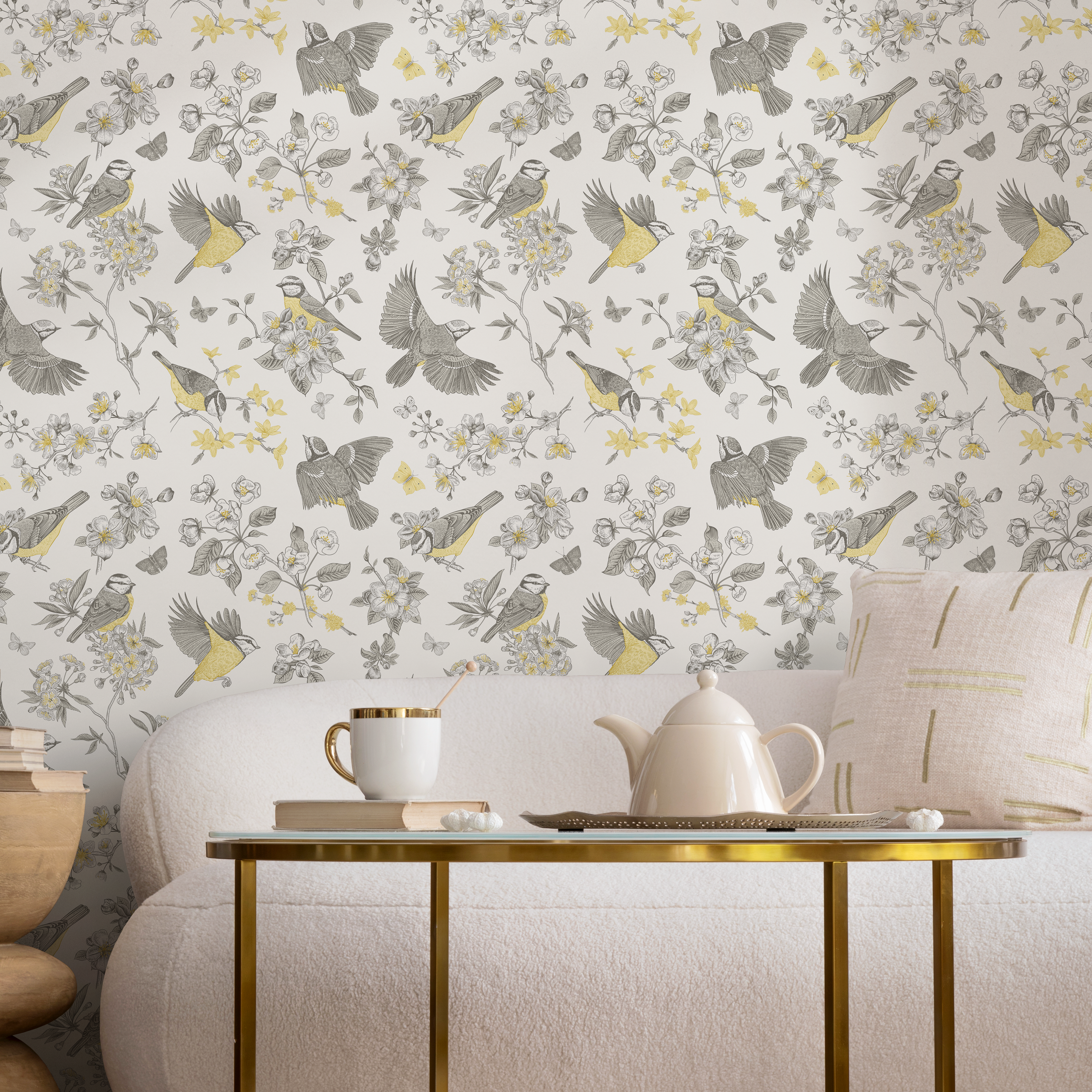 Bird Wallpaper Featuring Flowering Branches In Grey And Yellow - C697