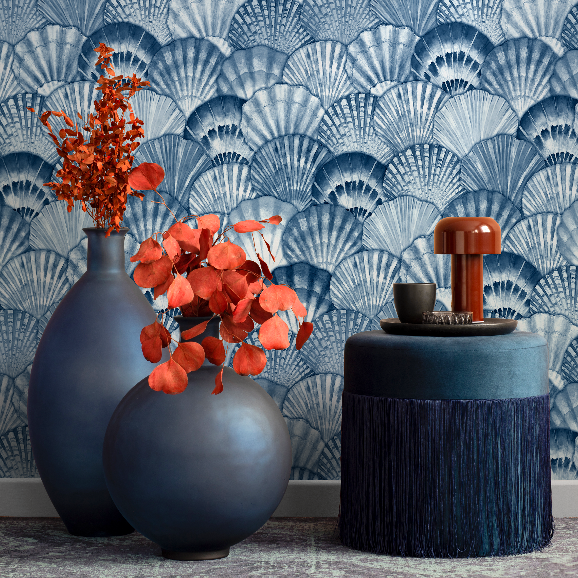 Coastal Wallpaper With A Watercolor Seashell Motif In Blue And White - C698