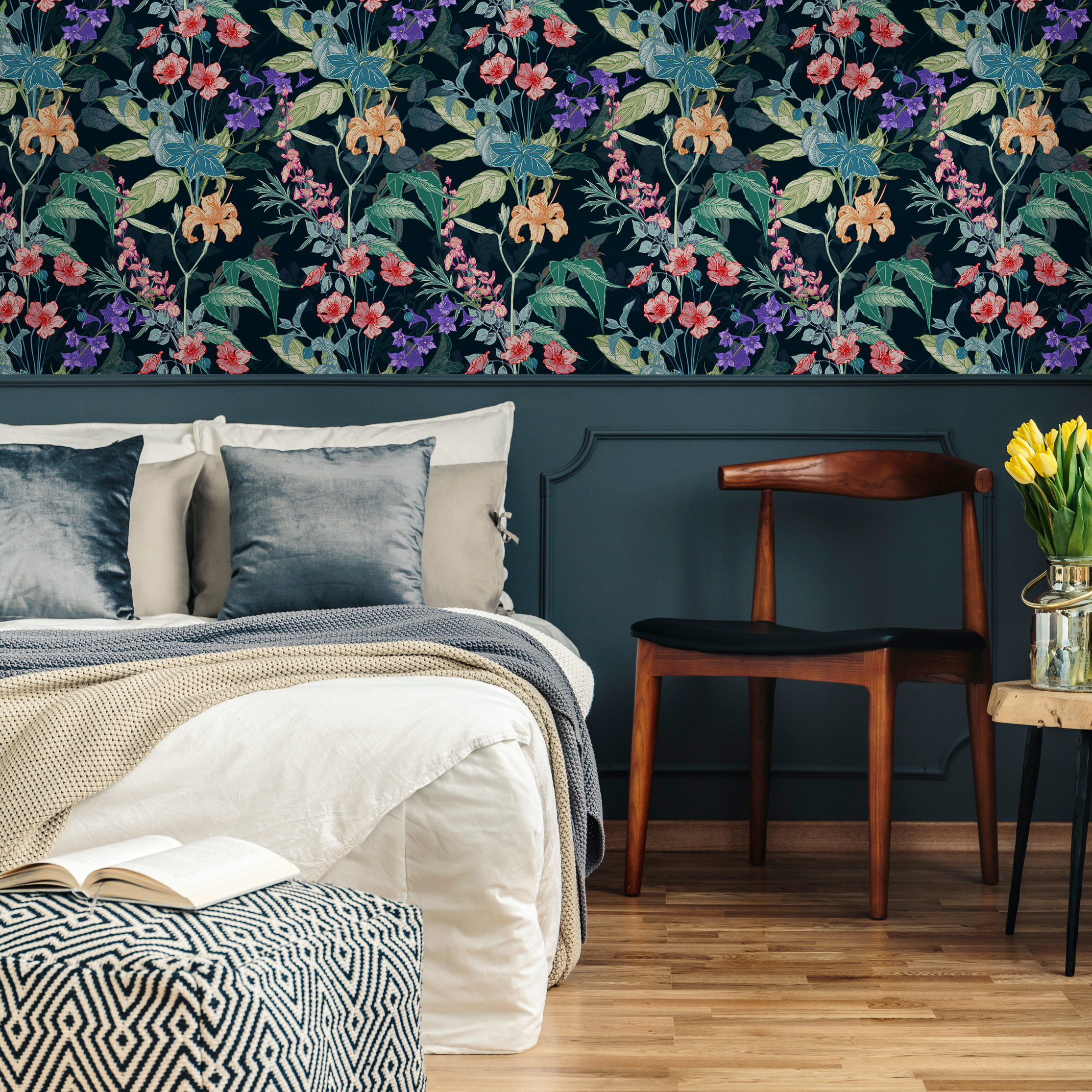 Floral Wallpaper Featuring Lilies And Wildflowers In Red, Orange, And Purple - C699