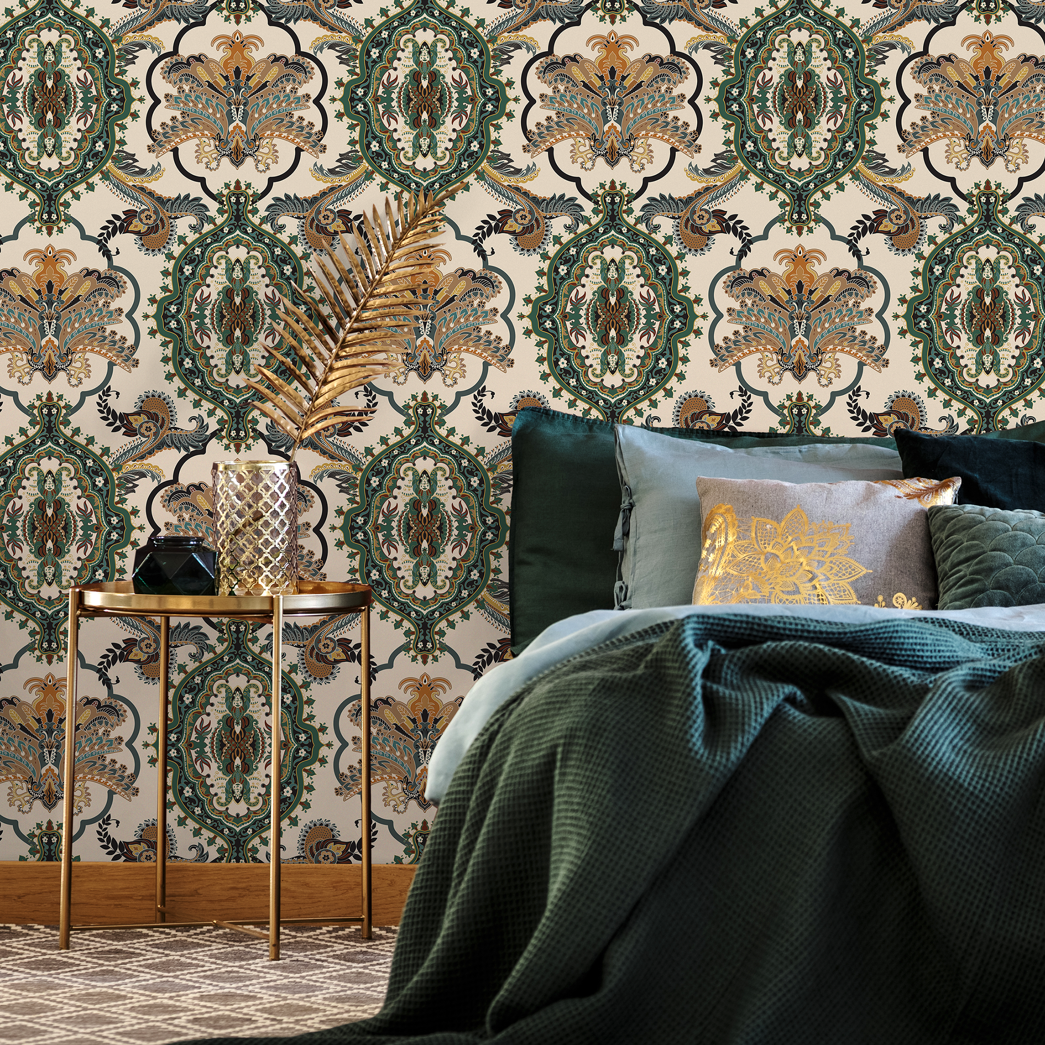Damask Wallpaper With An Ornate Victorian Paisley Motif In Green, Gold, And Brown - C700
