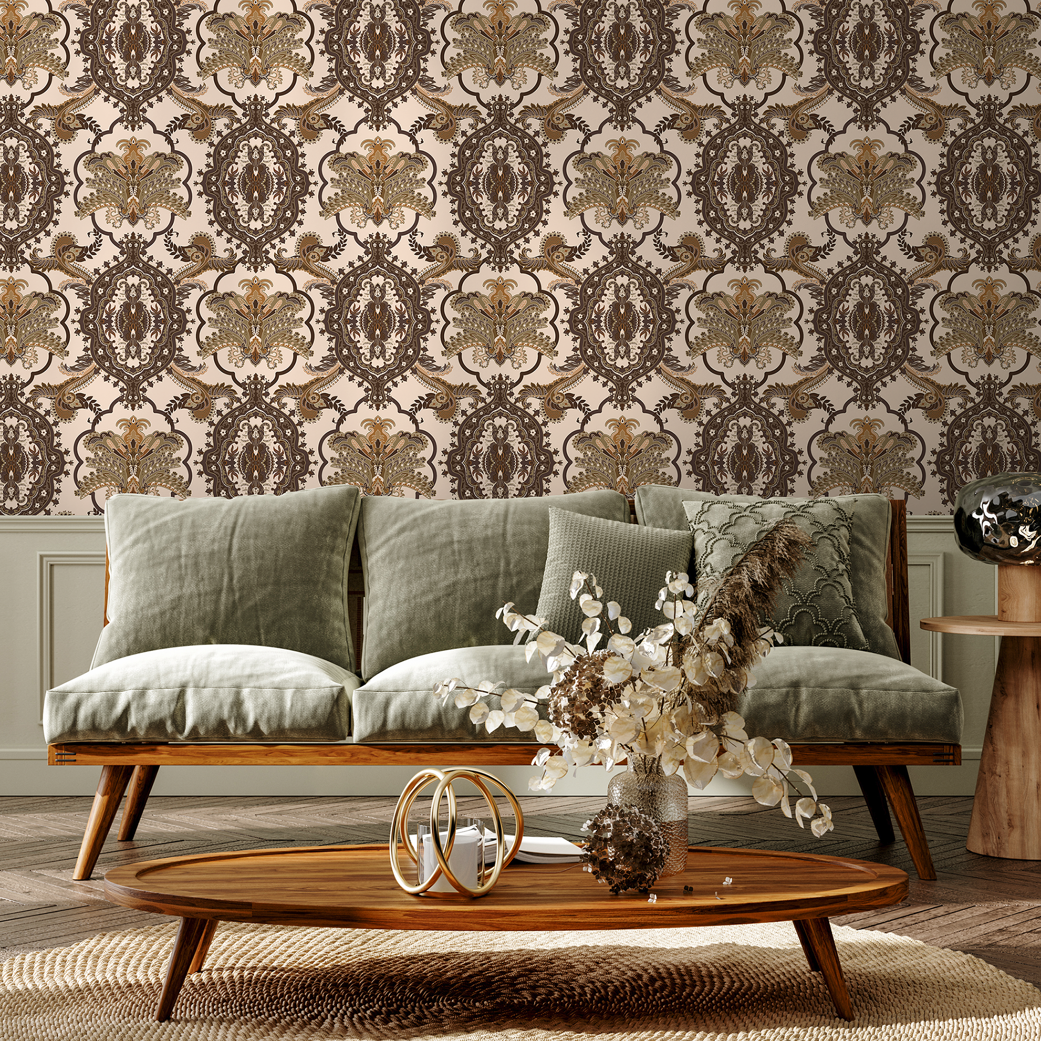 Victorian Wallpaper With An Ornate Paisley Damask Motif In Brown And Gold - C701
