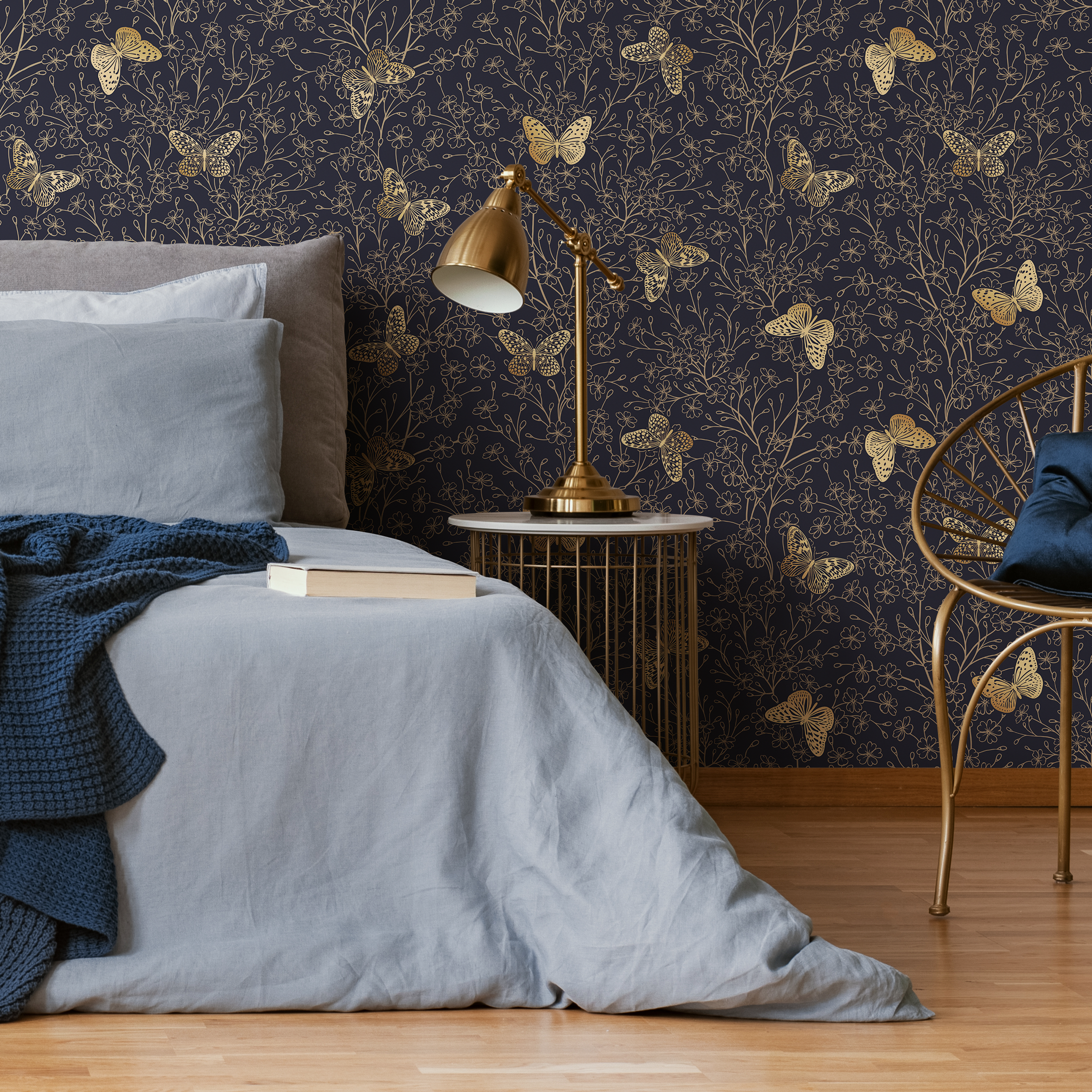 Butterfly Wallpaper With Delicate Floral Vines In Gold And Navy Blue - C702