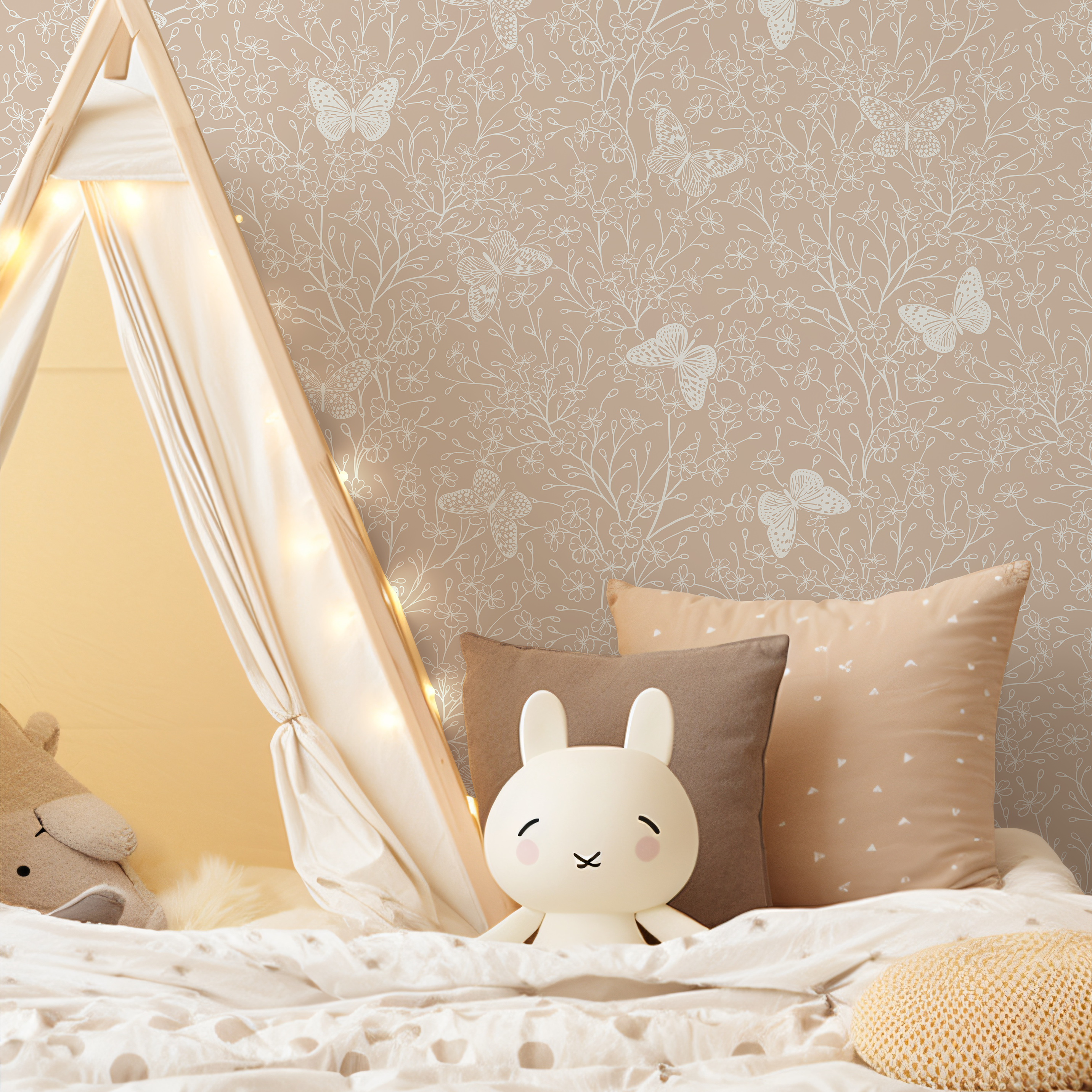 Butterfly Wallpaper With Delicate Floral Branches In Beige And White - C703