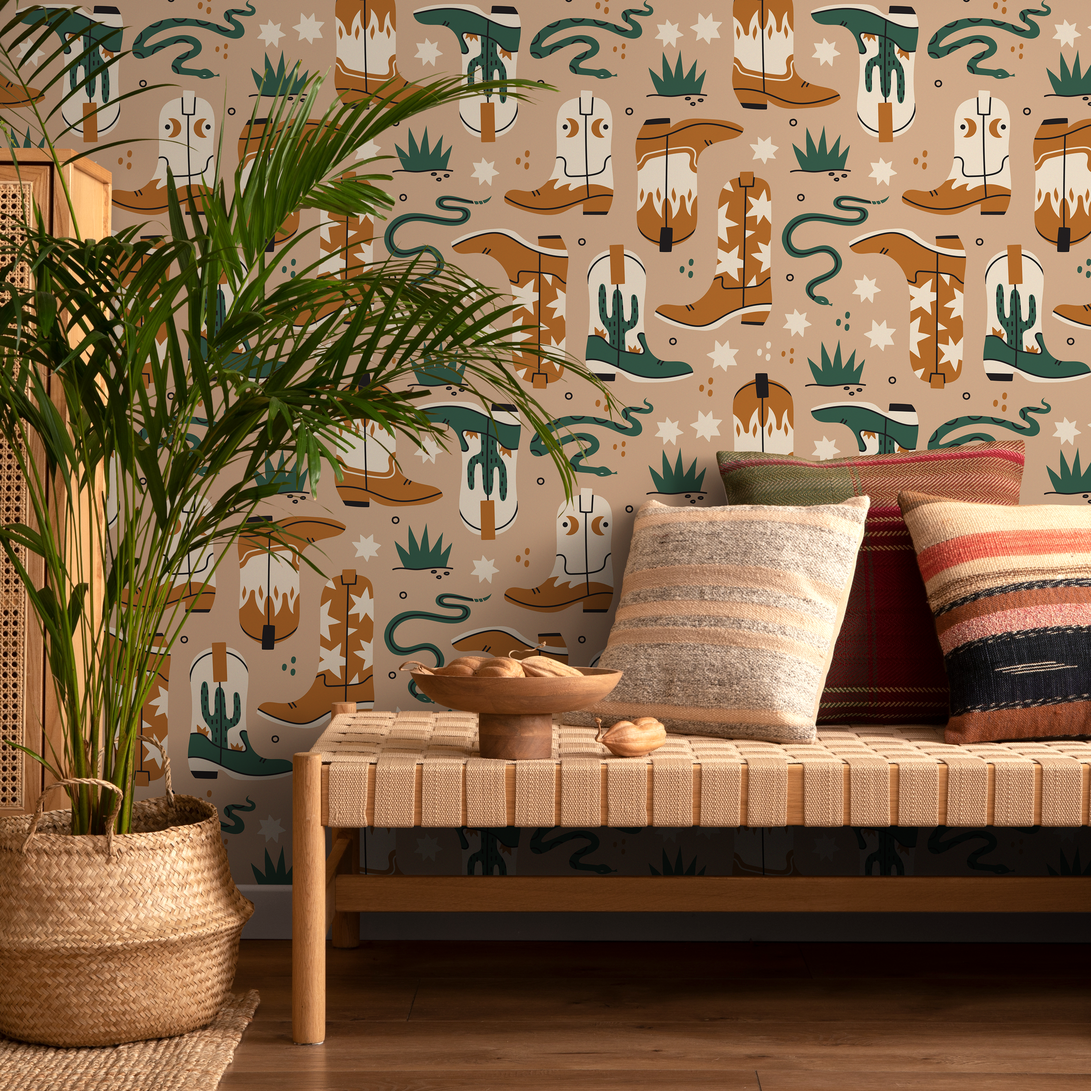 Western Wallpaper With Cowboy Boots And Snakes In Beige, Brown, And Green - C704