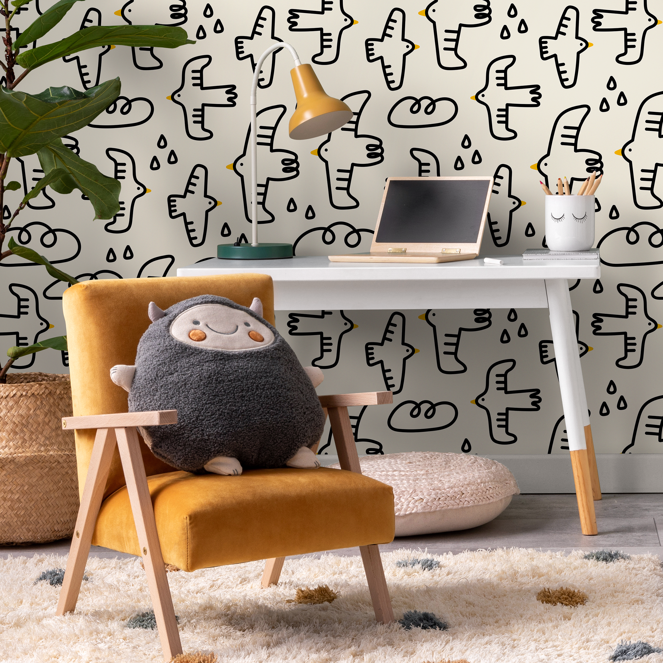 Kids Wallpaper With Hand-drawn Birds And Clouds In Black And Yellow - C705