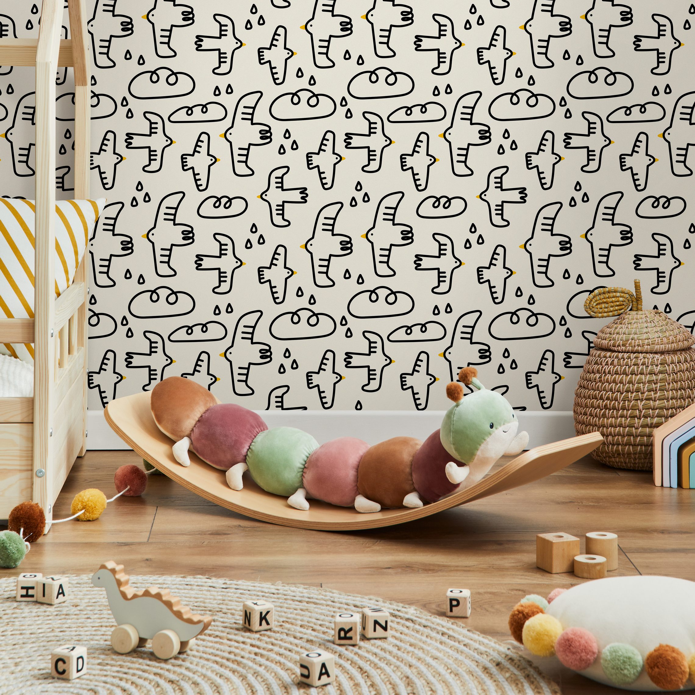 Kids Wallpaper With Hand-drawn Birds And Clouds In Black And Yellow - C705