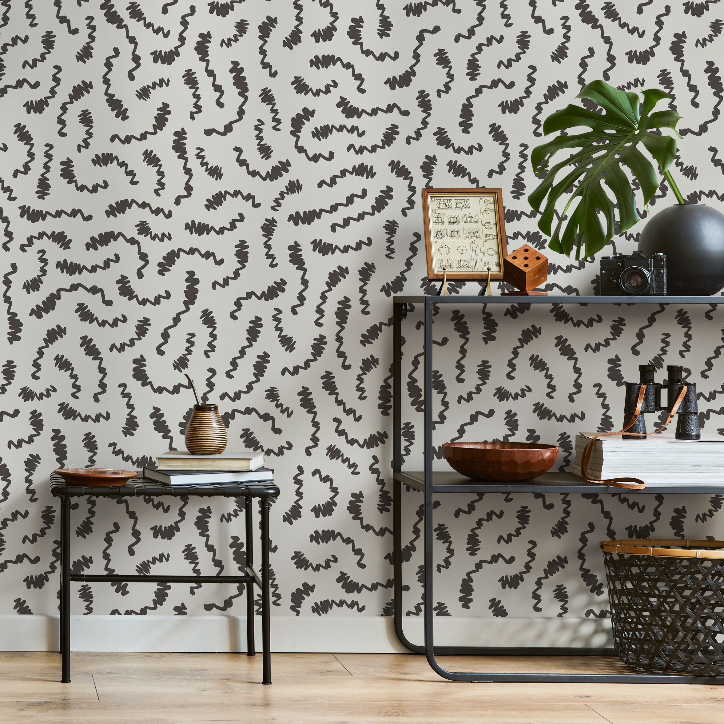 Abstract Wallpaper With Wavy Lines In Charcoal And Light Grey - C709
