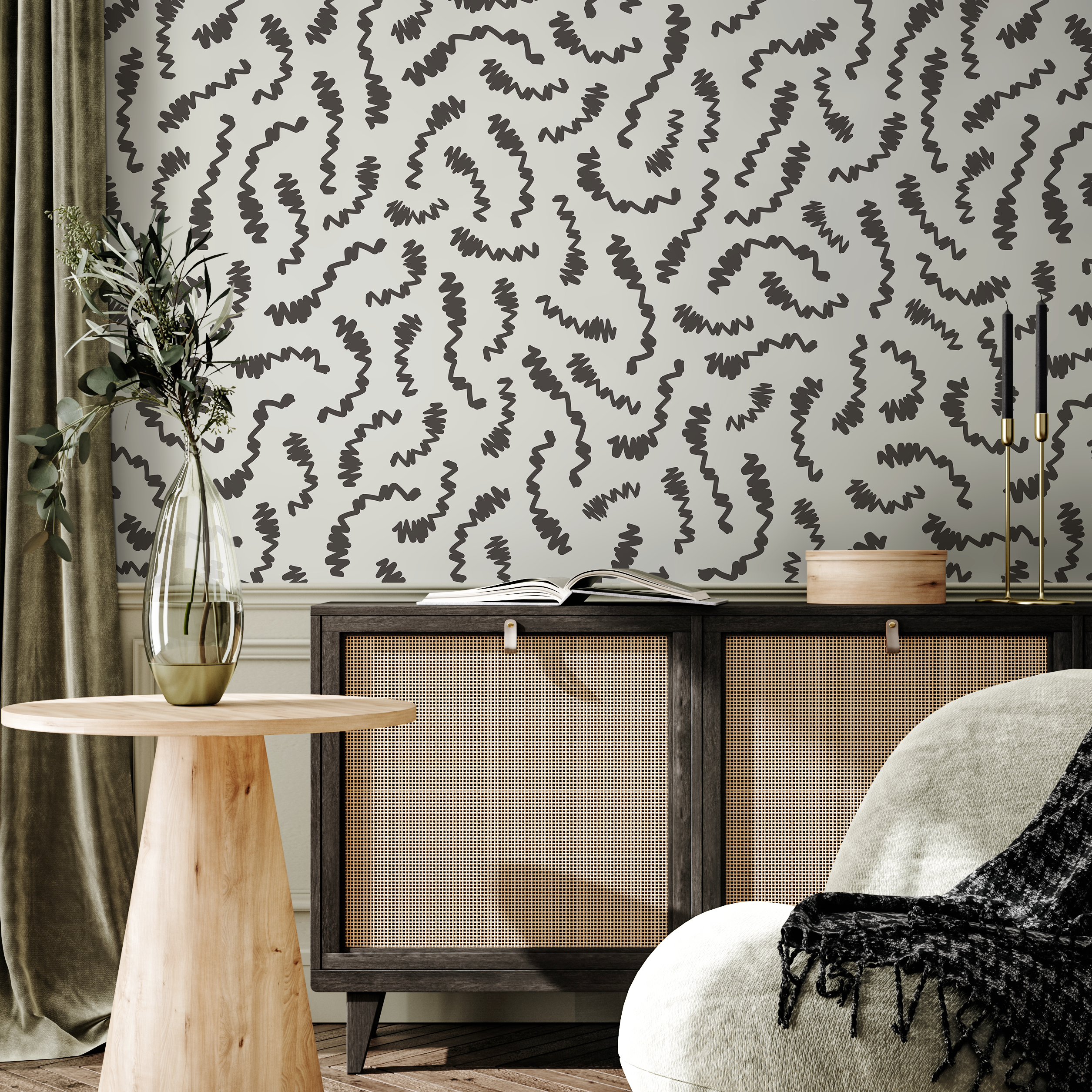 Abstract Wallpaper With Wavy Lines In Charcoal And Light Grey - C709